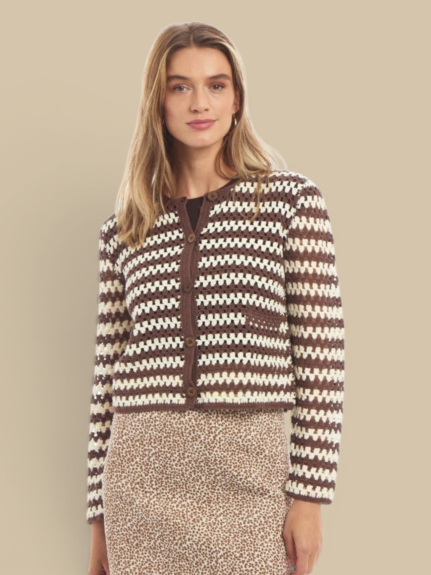 Coco/Ecru Hand Knit Crochet Cardigan