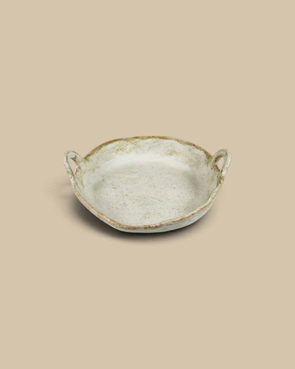 Homestyle Collective ceramic Wabi Handled Platter in an organic, speckled off-white finish with sculpted side handles.