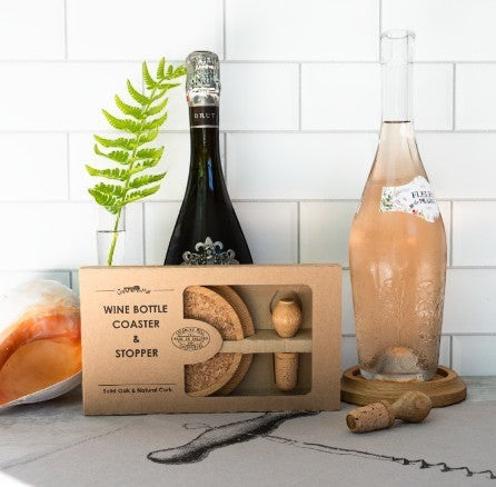 Oak Wine Coaster & Stopper Set