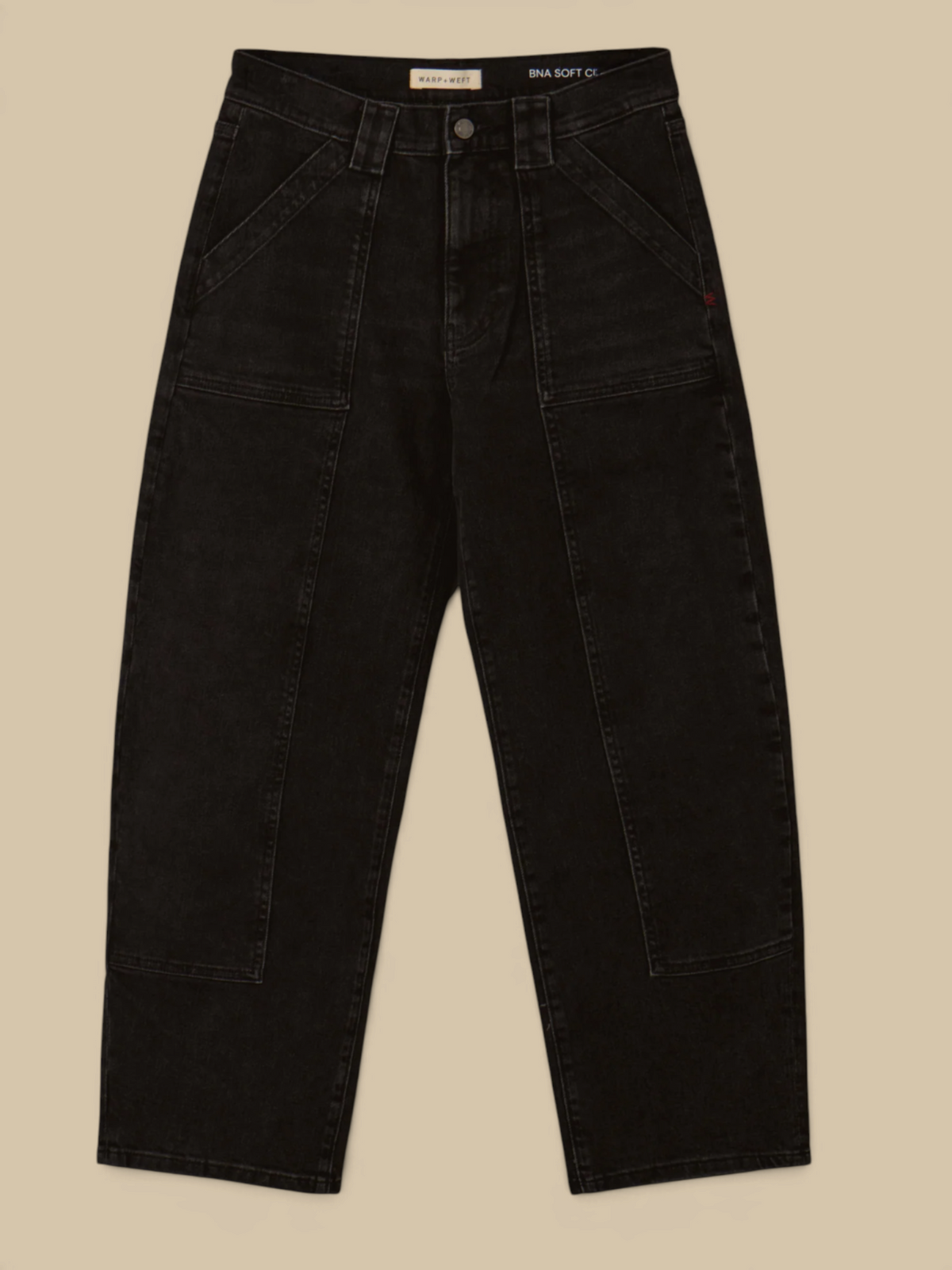 Homestyle Collective BNA Soft Curve Barrel Jeans in Nightbird black denim with workwear pockets and knee darts.