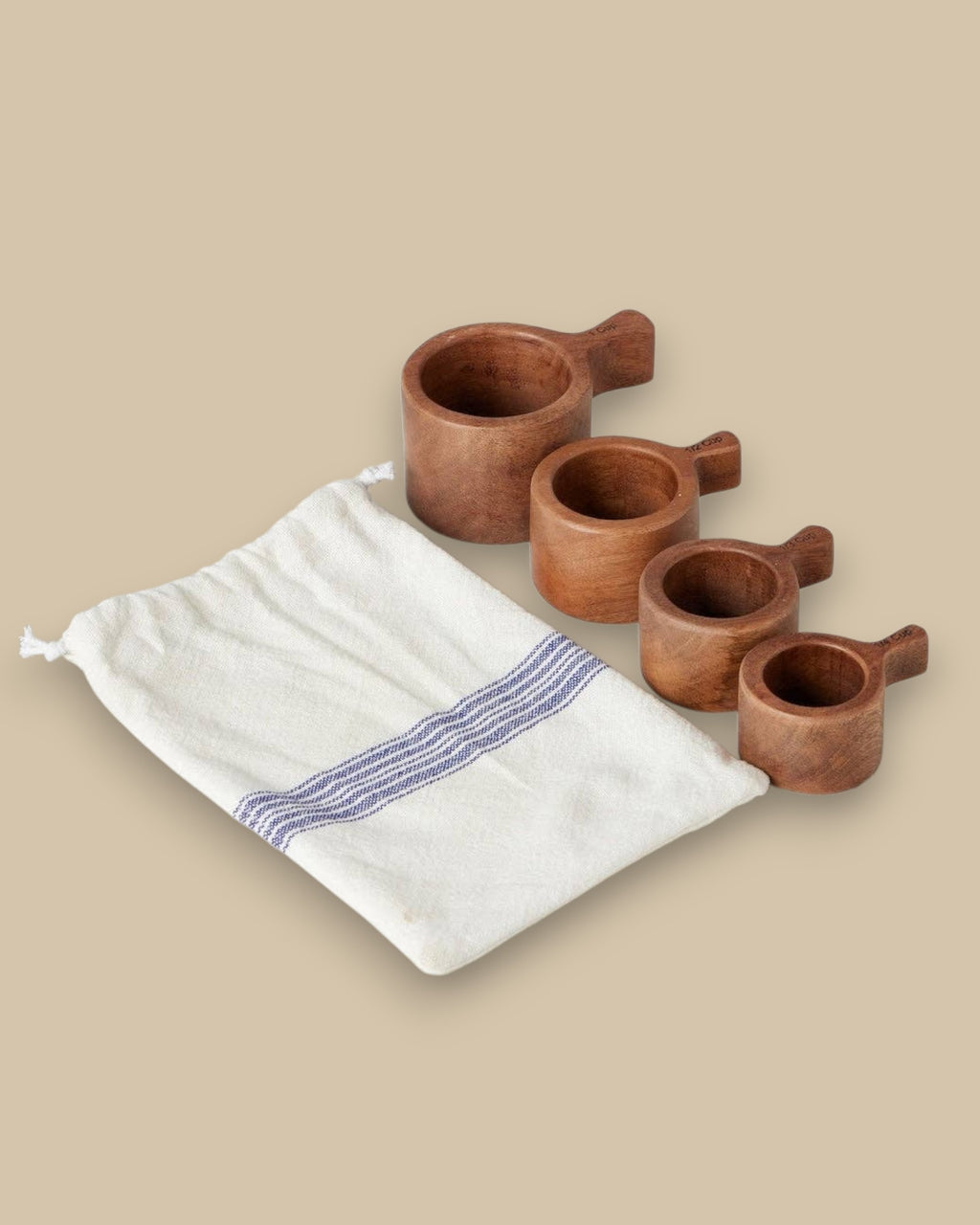 Wood Measuring Cups, Vintage Navy Blue Stripe Bag, Set of 4