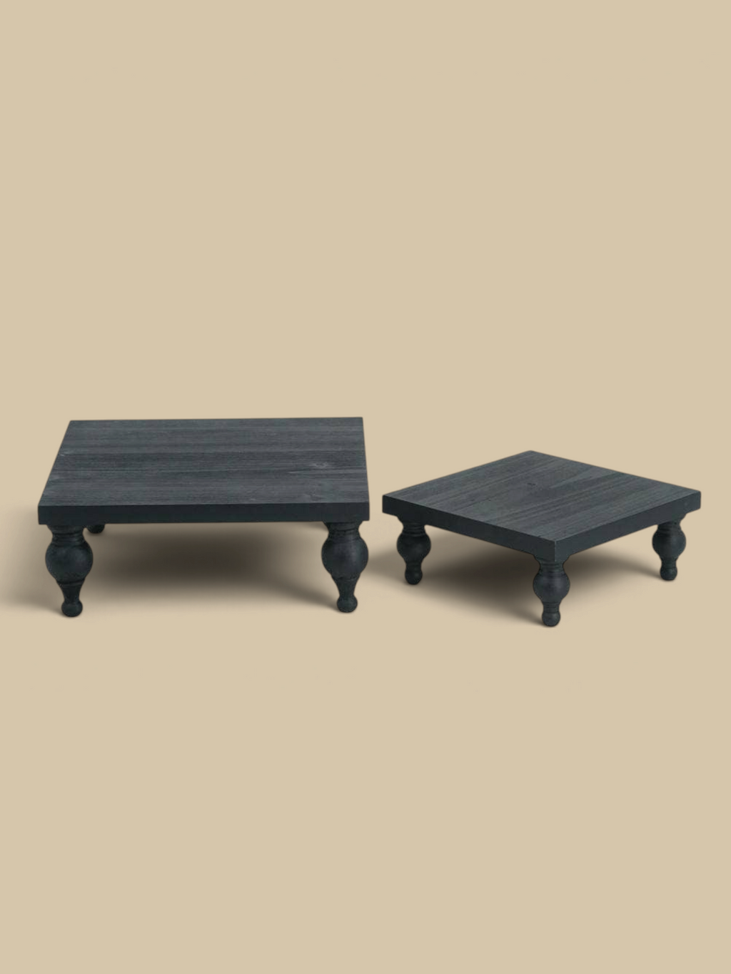 Homestyle Collective set of two black wooden square risers with decorative turned legs for farmhouse decor.