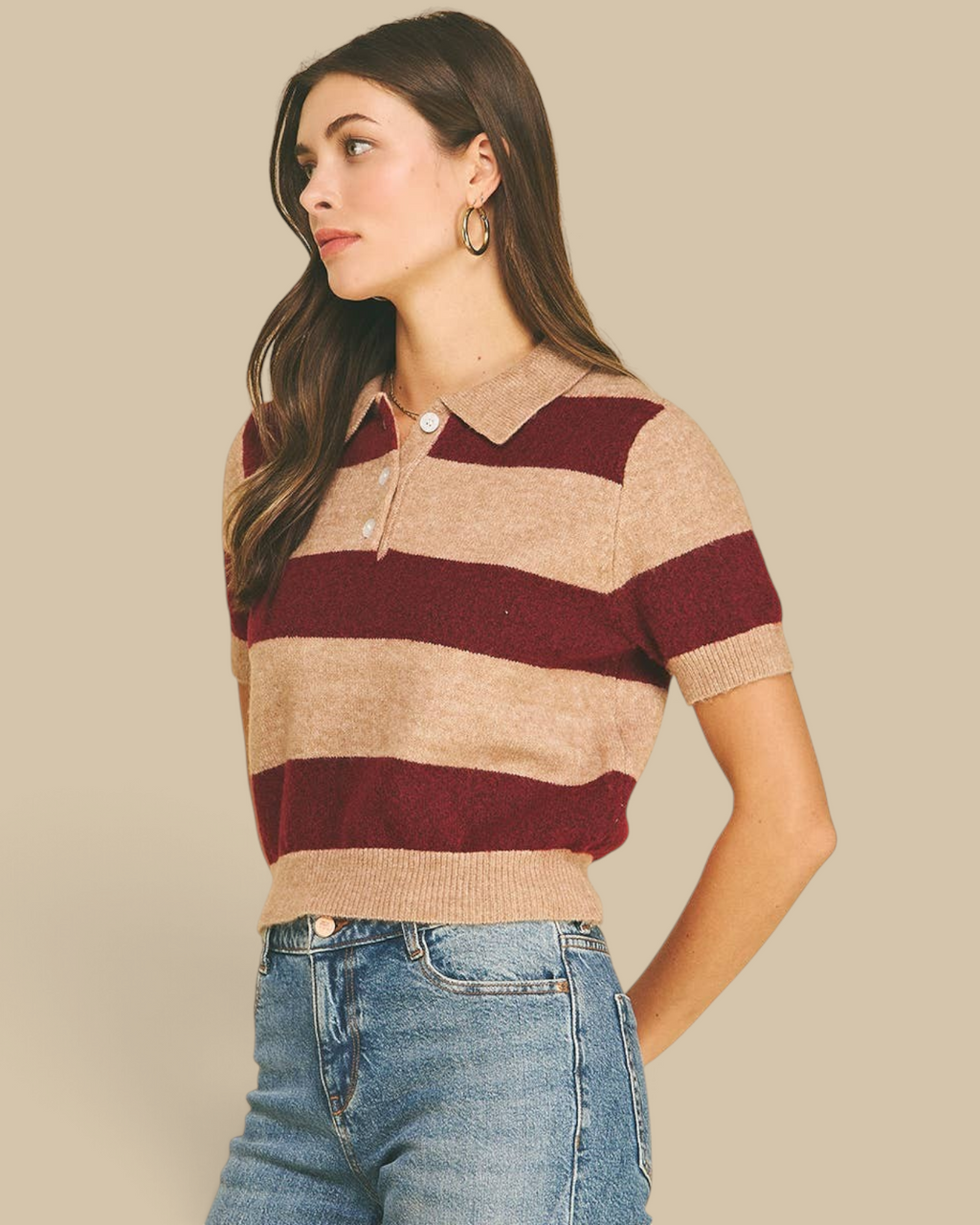 Homestyle Collective burgundy and beige striped short sleeve knit polo sweater with a button-down collar on a model.
