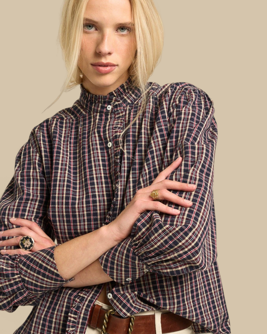 Homestyle Collective Alexa long-sleeve cotton blouse in navy, burgundy, and cream gingham with a ruffled neckline.