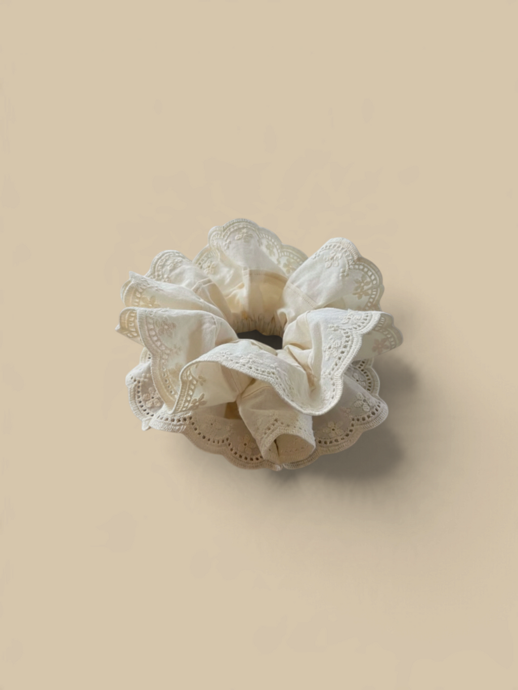 Homestyle Collective off-white double-layer hair scrunchie featuring vintage lace embroidery and delicate scalloped edges
