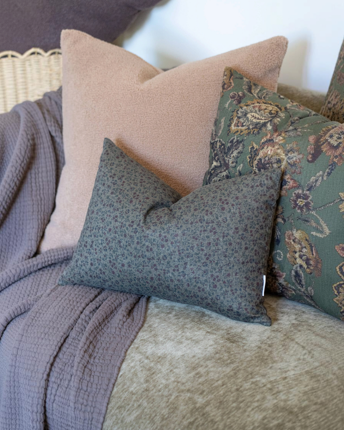 Homestyle Collective Corrine tapestry floral pillow cover in moody green, beige, and merlot linen-cotton blend.