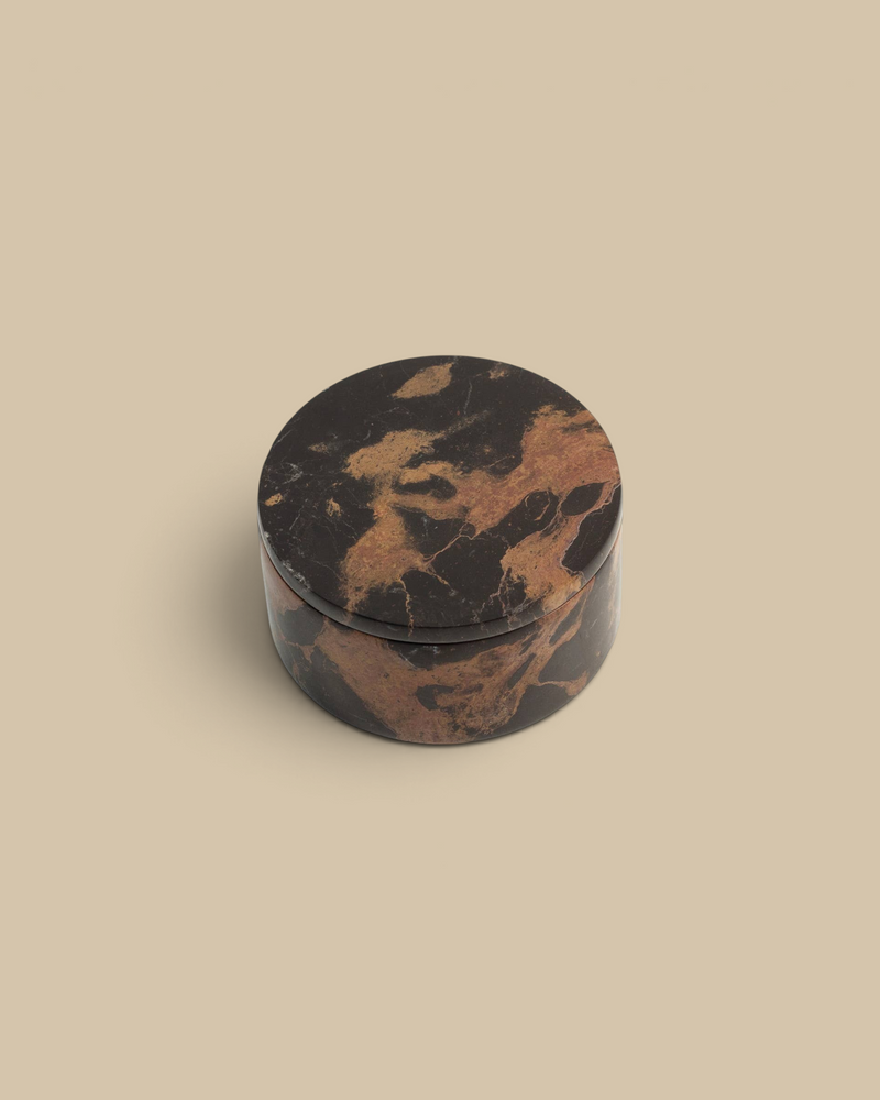 Homestyle Collective round marble box with deep brown and gold tiger eye patterns for jewelry storage
