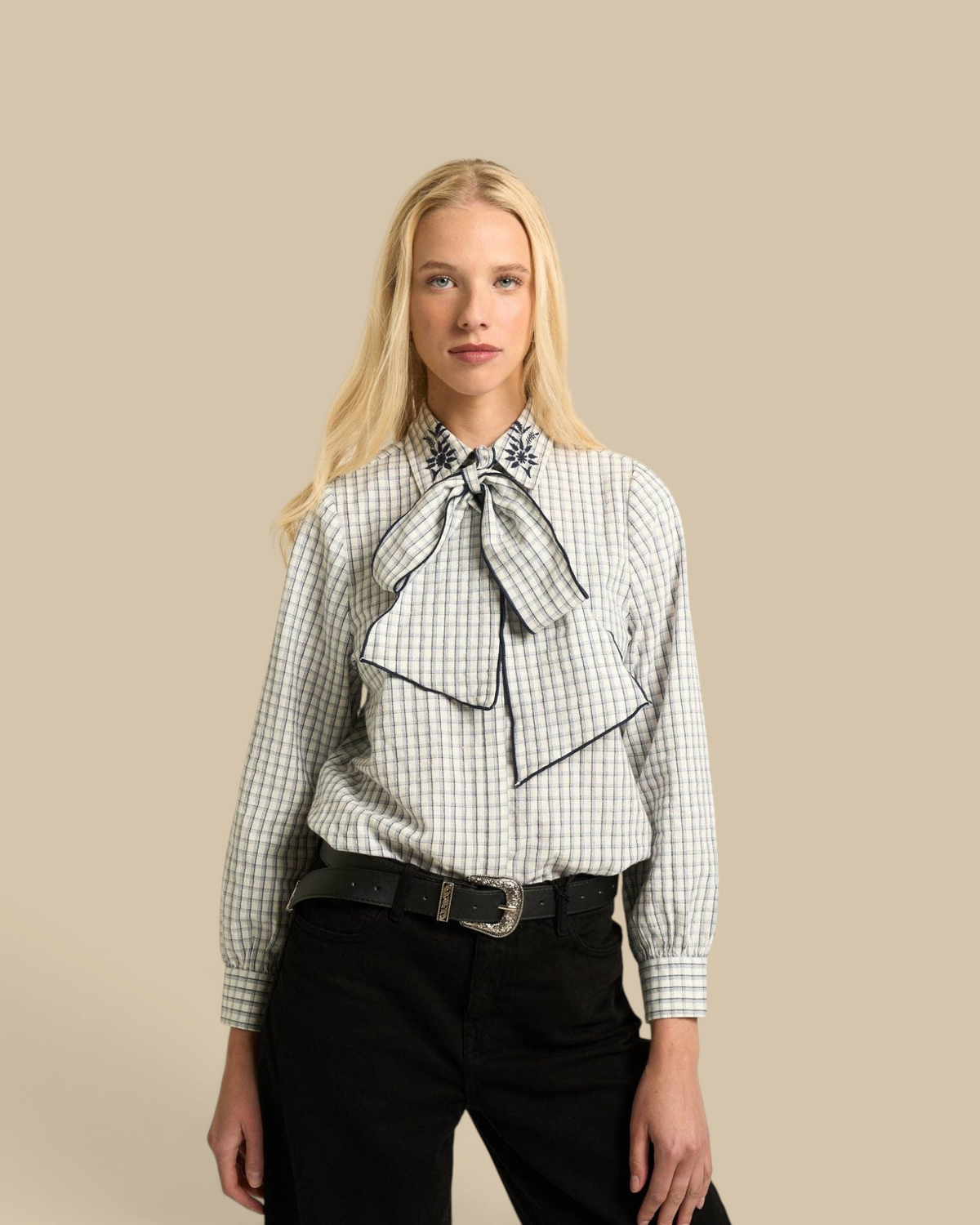 Homestyle Collective Lily Blouse in navy gingham cotton with embroidered collar and large bow tie detail