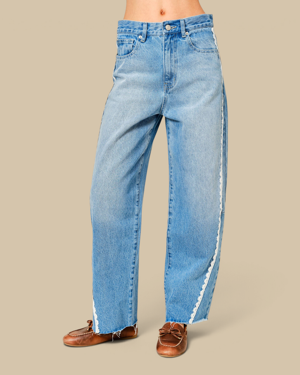 Homestyle Collective mid-rise barrel denim jeans in light blue wash with delicate white lace side trim detail