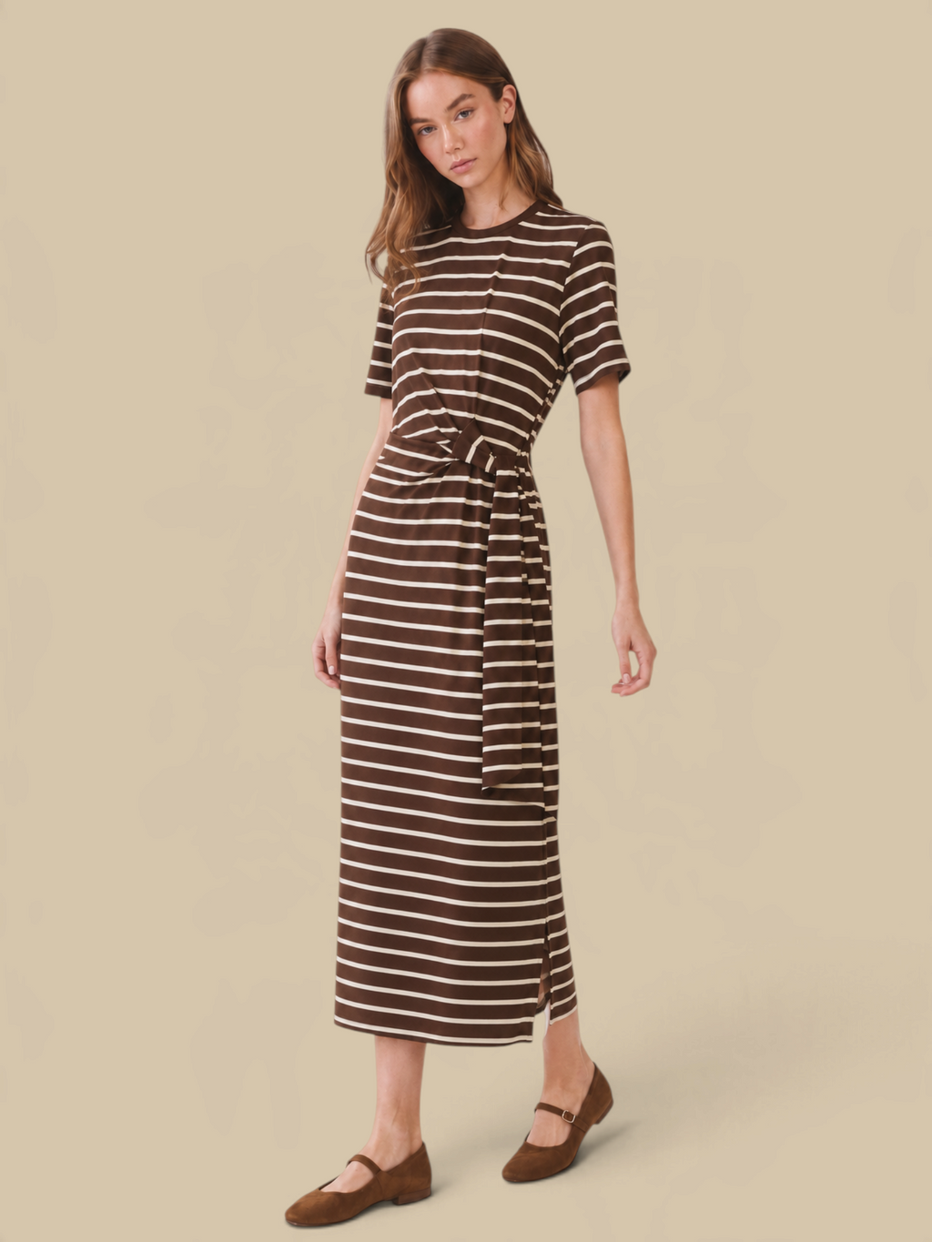 Homestyle Collective chocolate brown and white striped jersey maxi dress with short sleeves and an adjustable waist tie