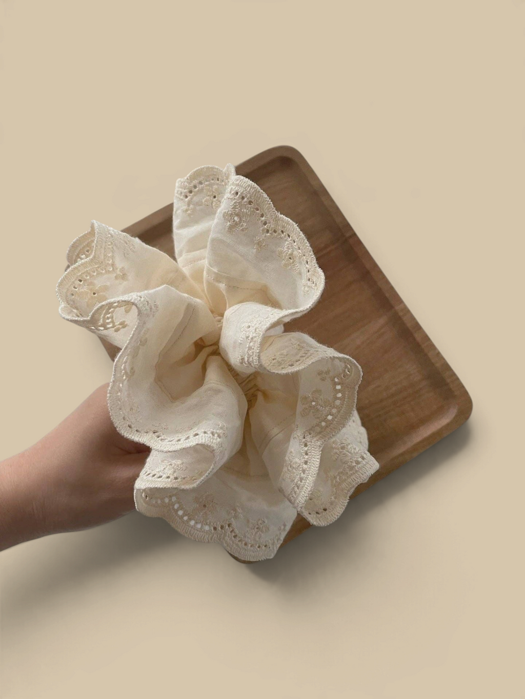 Homestyle Collective off-white double-layer hair scrunchie with vintage lace embroidery and scalloped edges