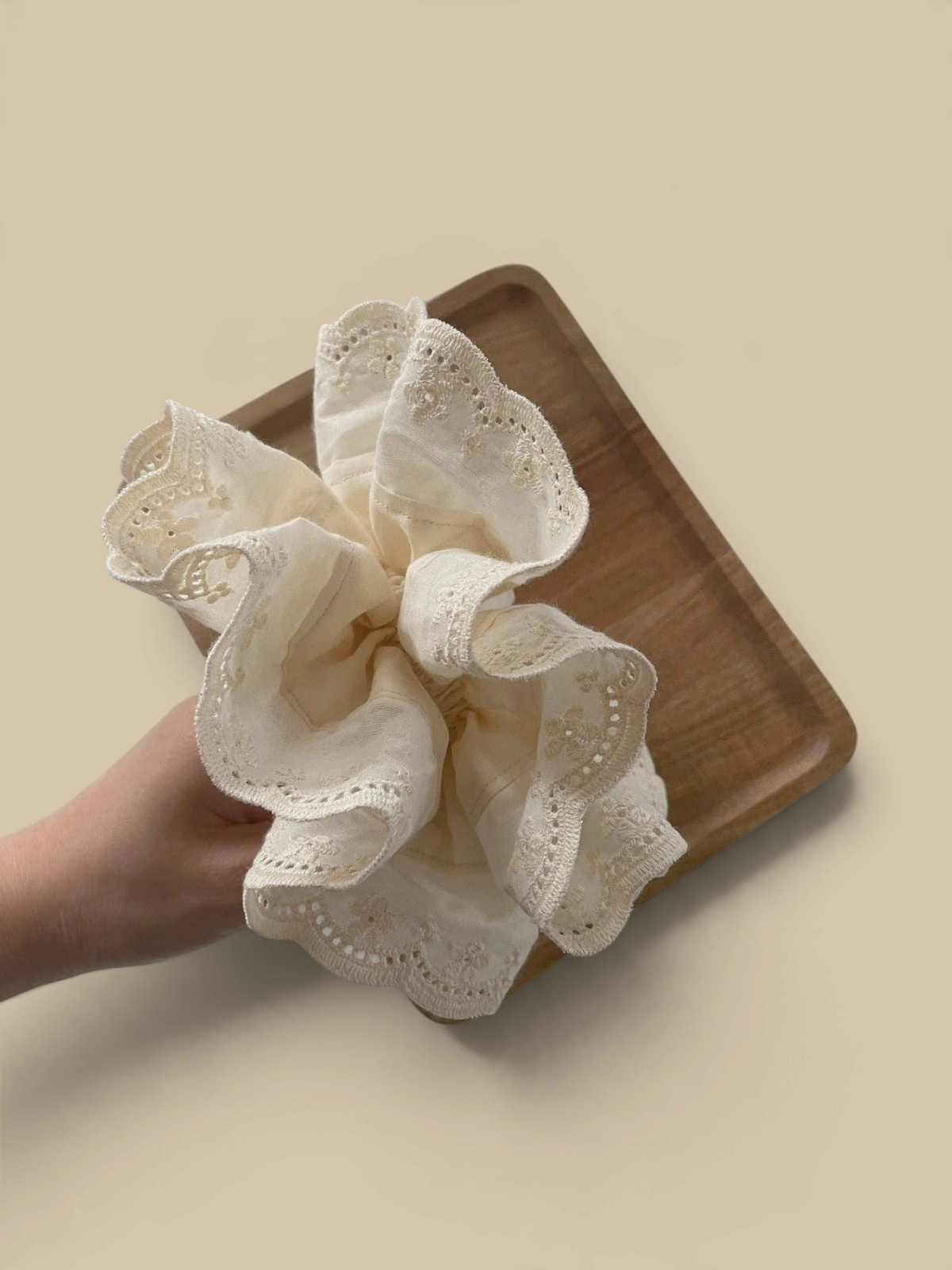 Homestyle Collective off-white double-layer hair scrunchie with vintage lace embroidery and scalloped edges