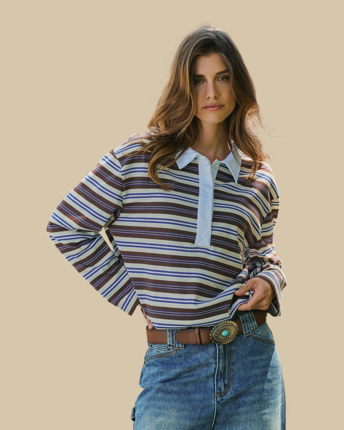 Homestyle Collective striped rugby polo with brown, blue, and cream horizontal stripes and a pale blue contrast collar.