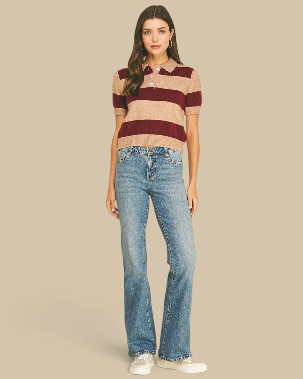 Homestyle Collective burgundy and beige striped short sleeve knit polo sweater with a button-down collar.