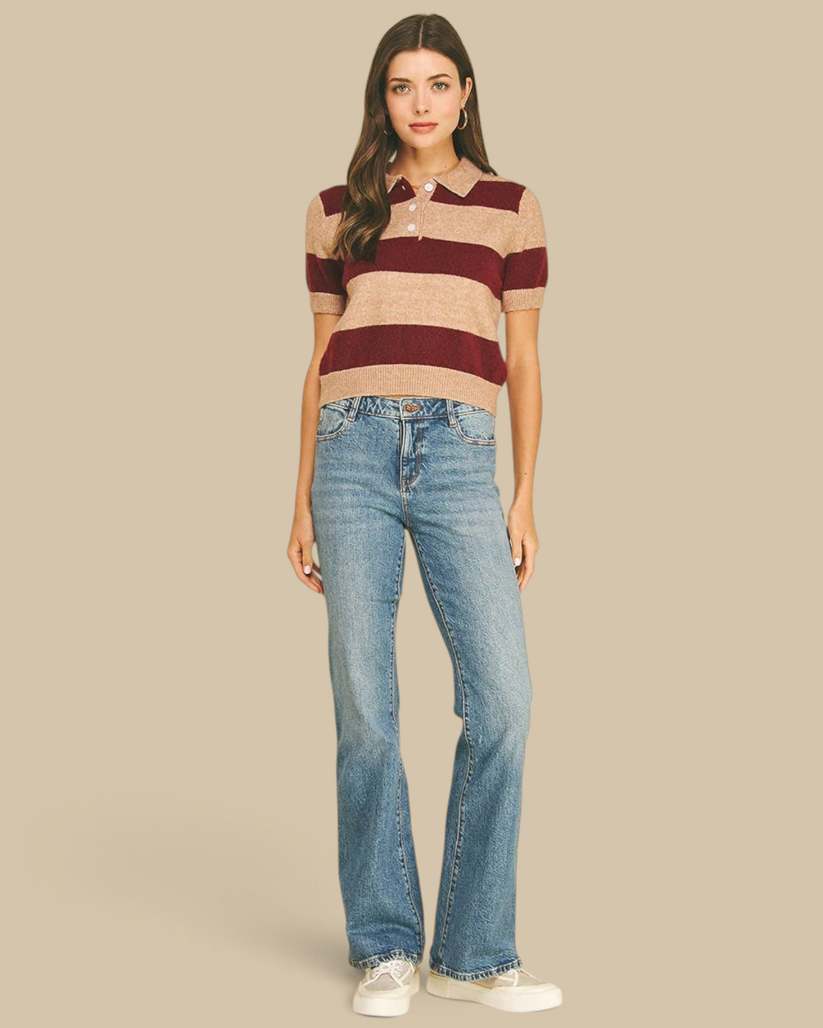 Homestyle Collective burgundy and beige striped short sleeve knit polo sweater with a button-down collar.