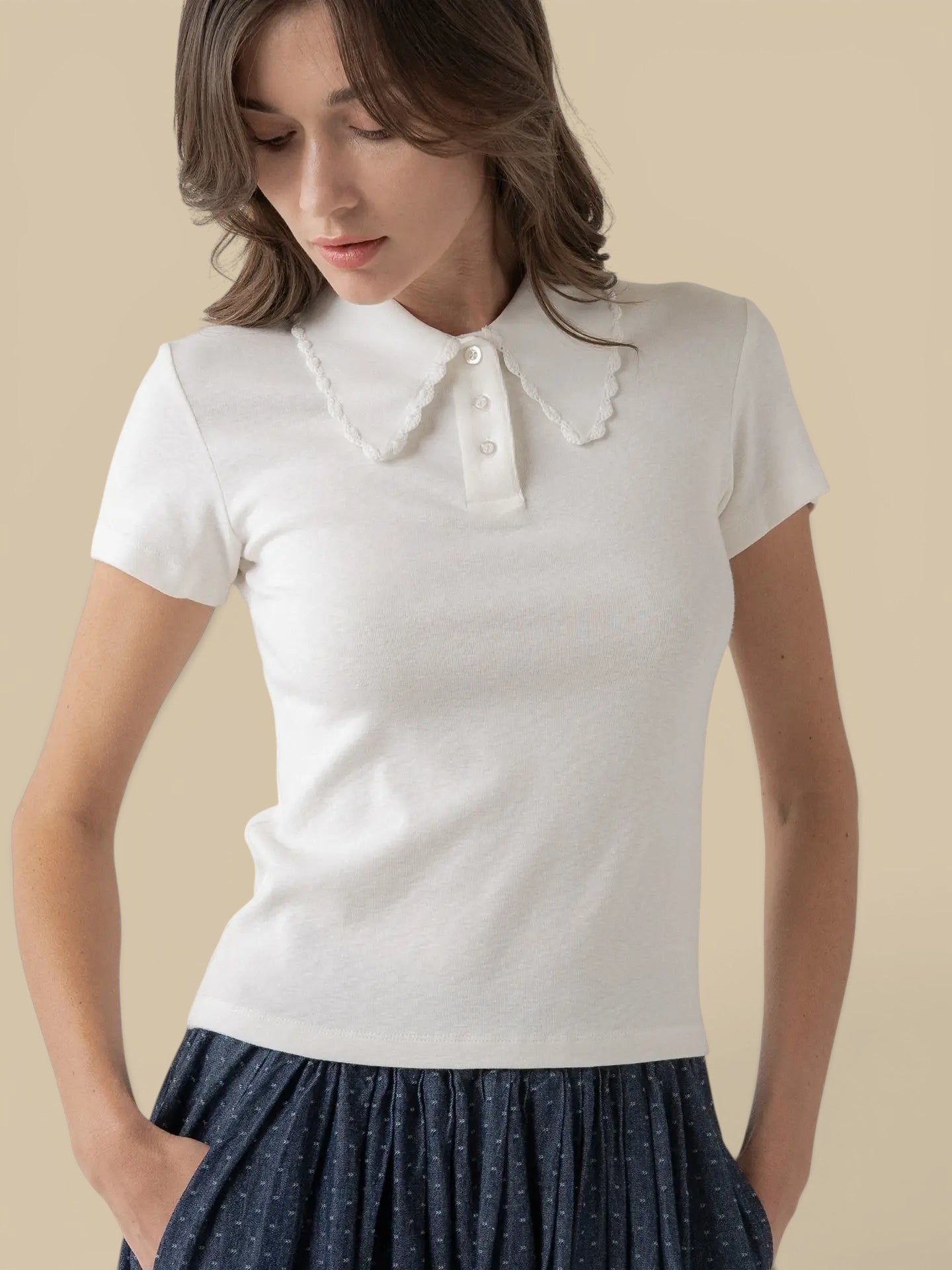 Scalloped Collar Knit Polo