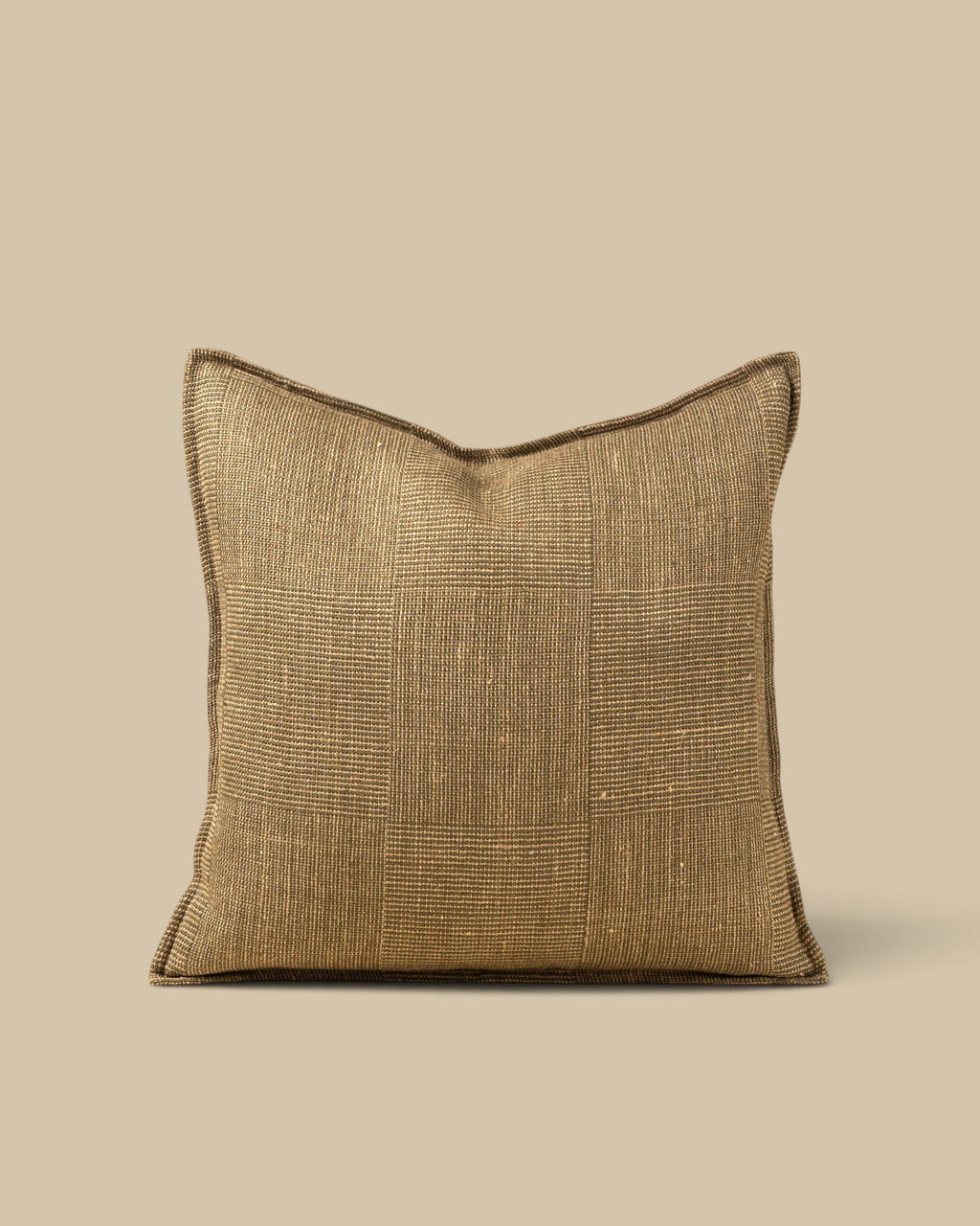 Homestyle Collective 20x20 olive linen throw pillow with a textured patch weave pattern and soft flange edge detail.