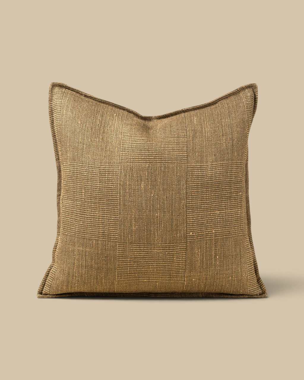 Homestyle Collective 20x20 olive green European flax linen pillow with a textured patch weave and flange detail.