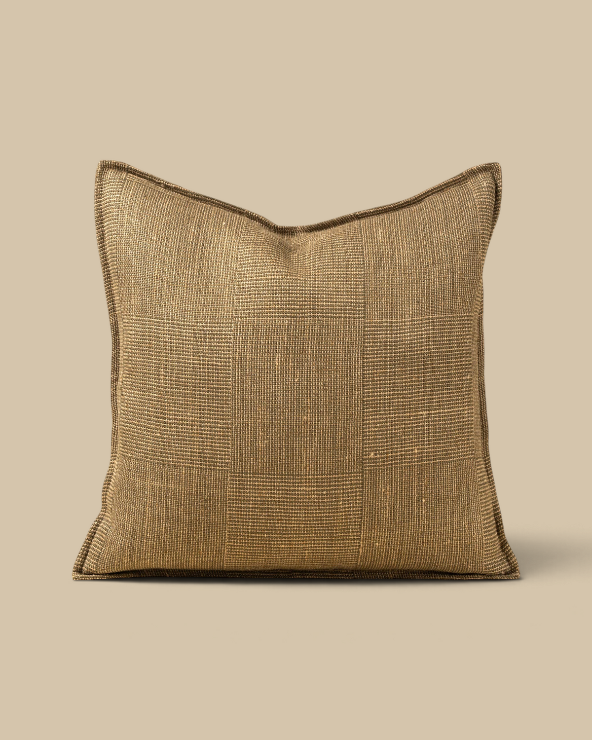 Homestyle Collective 20x20 olive green European flax linen pillow with a textured patch weave and flange detail.
