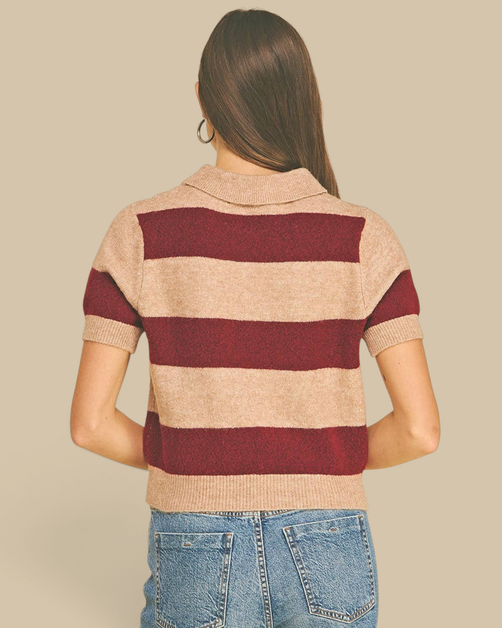 Homestyle Collective burgundy and beige striped short sleeve knit sweater with a collared neckline, back view.