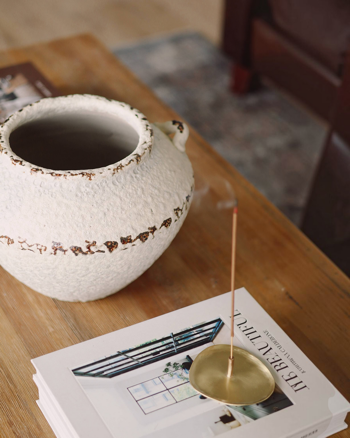 Homestyle Collective Terra Terracotta Vase with a weathered white finish and vintage-inspired handles on a table.