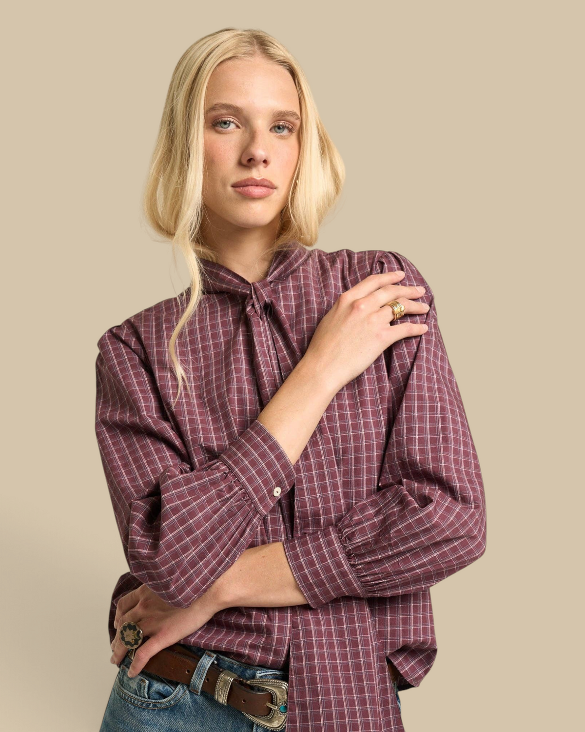 Homestyle Collective Lily Blouse in burgundy cotton gingham with long sleeves and delicate neckline embroidery.