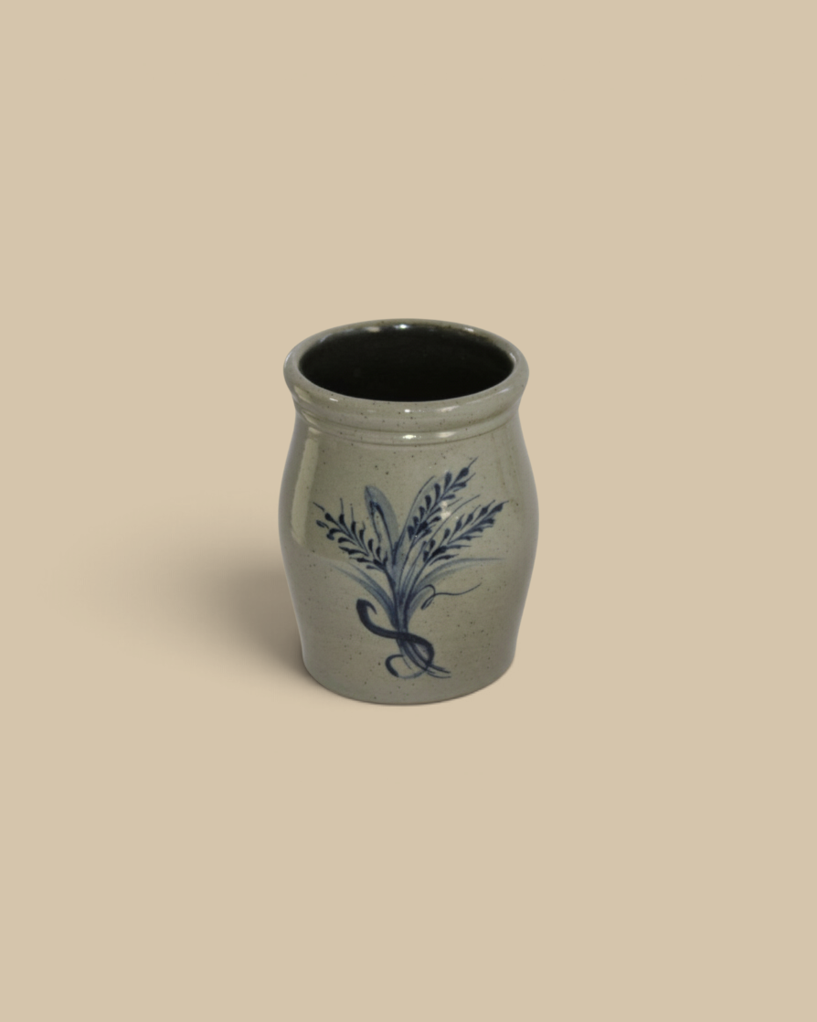 Homestyle Collective handmade wheat-patterned stoneware utensil jar in a neutral grey finish