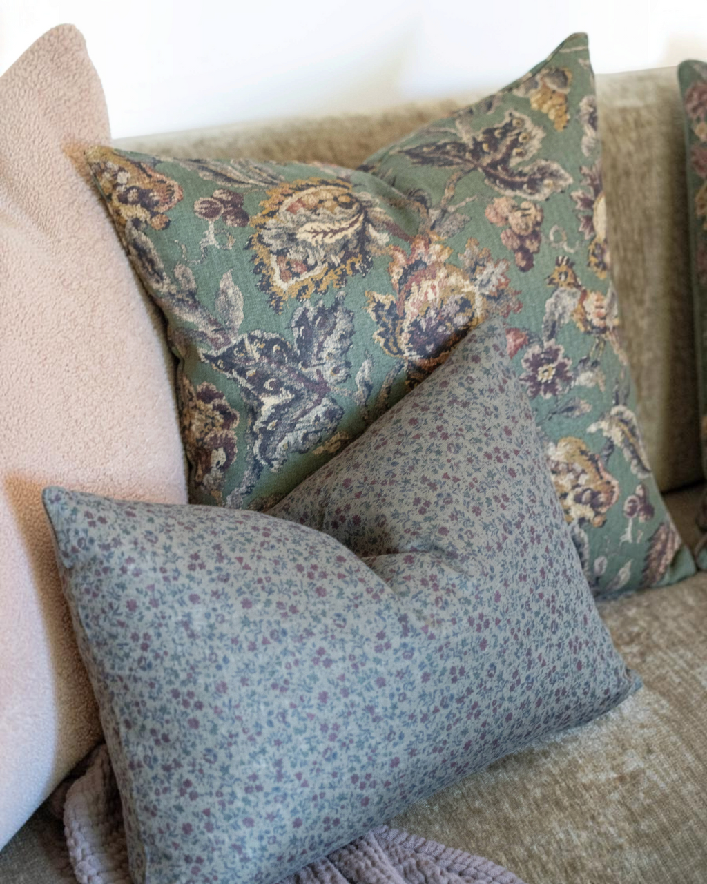 Homestyle Collective Corrine tapestry floral pillow cover in moody green, beige, and merlot linen-cotton blend.