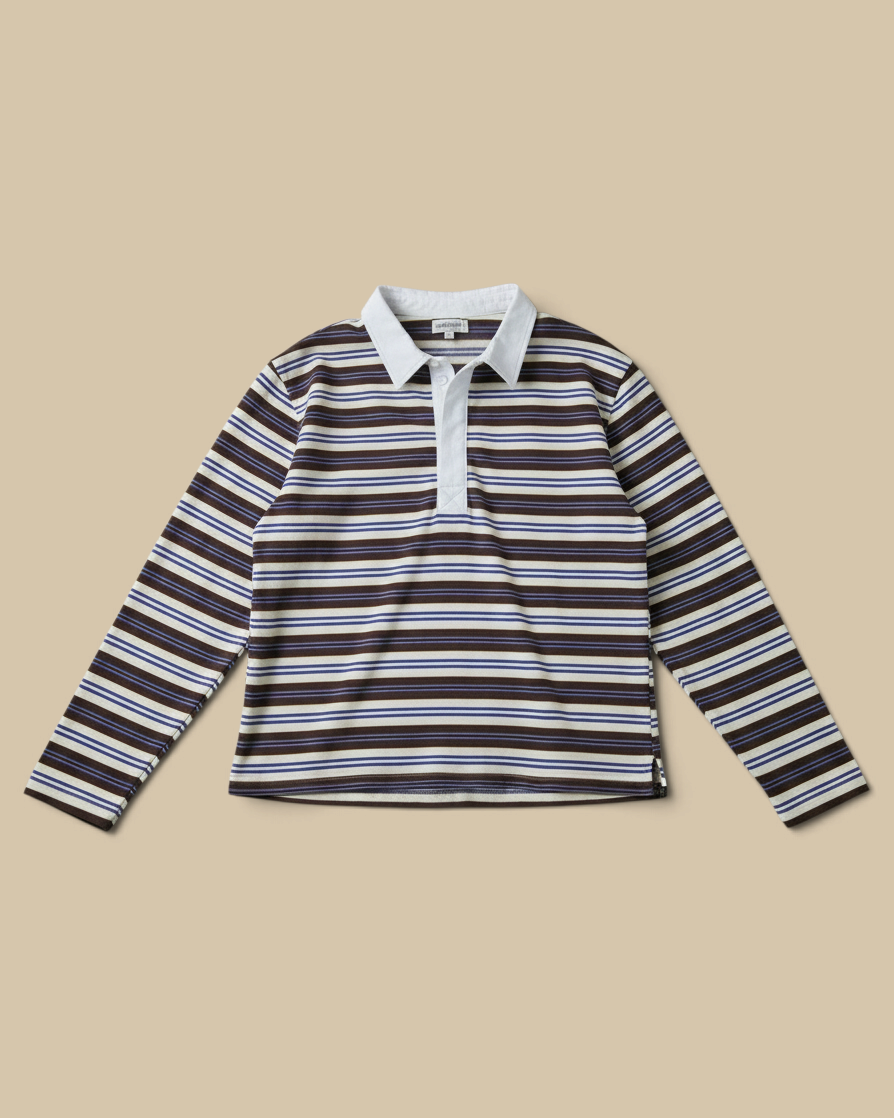 Homestyle Collective striped rugby polo in brown, blue, and cream with a contrast collar and quarter-button placket.