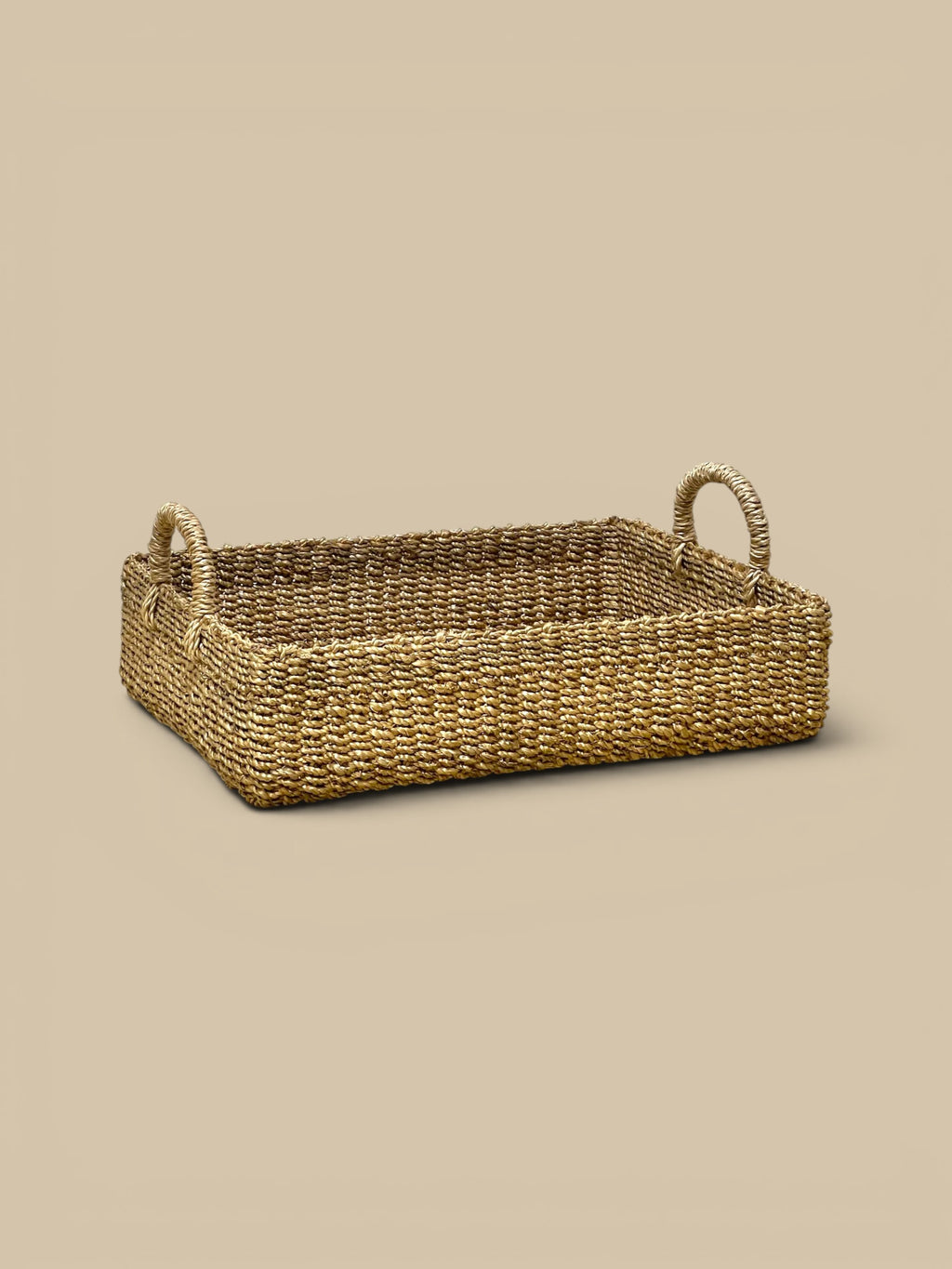 Homestyle Collective Stephanie Abaca Rectangular Tray Set, handwoven natural abaca fiber with rounded handles, set of 2.