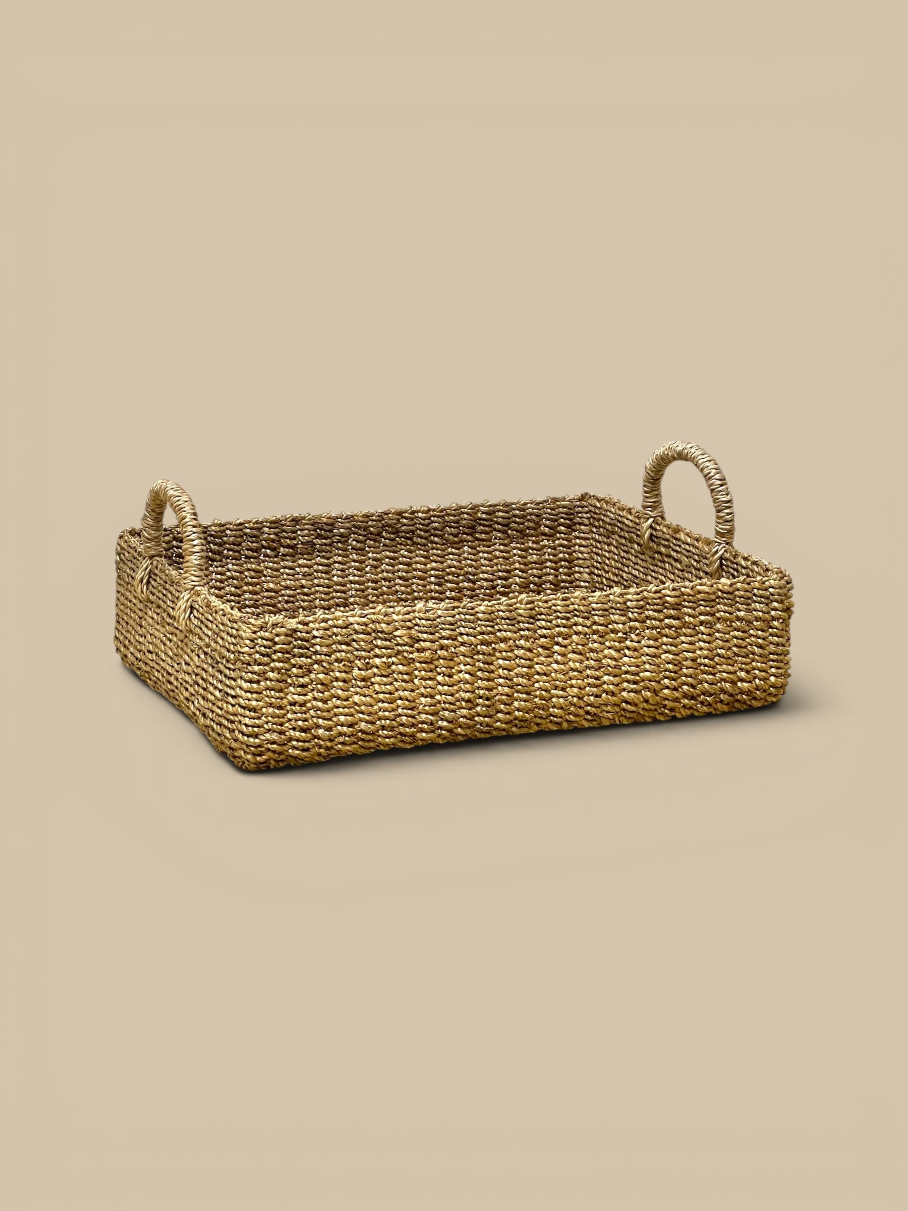 Homestyle Collective Stephanie Abaca Rectangular Tray Set, handwoven natural abaca fiber with rounded handles, set of 2.