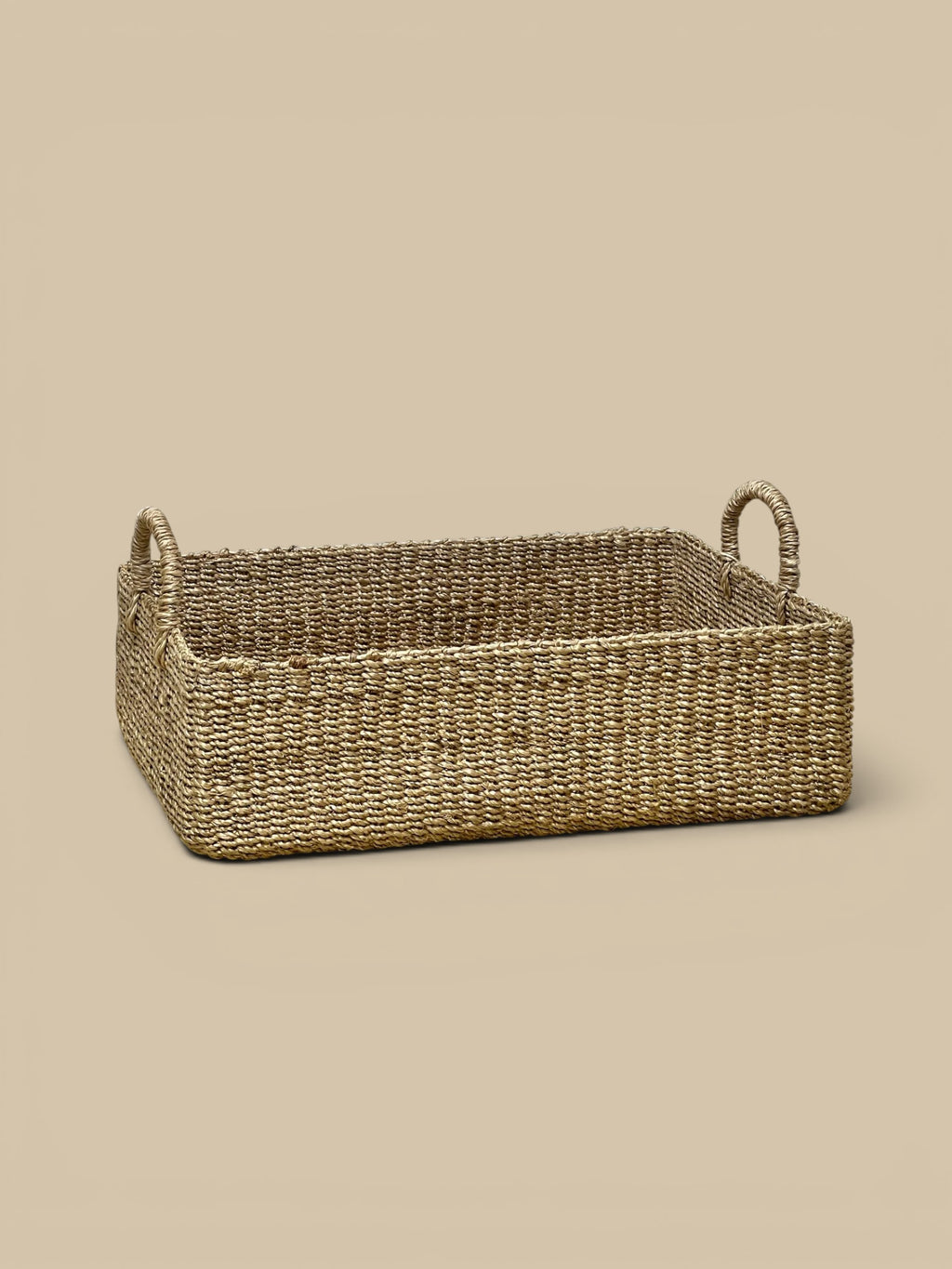 Homestyle Collective set of 2 handwoven abaca rectangular trays with rounded handles, natural woven texture.