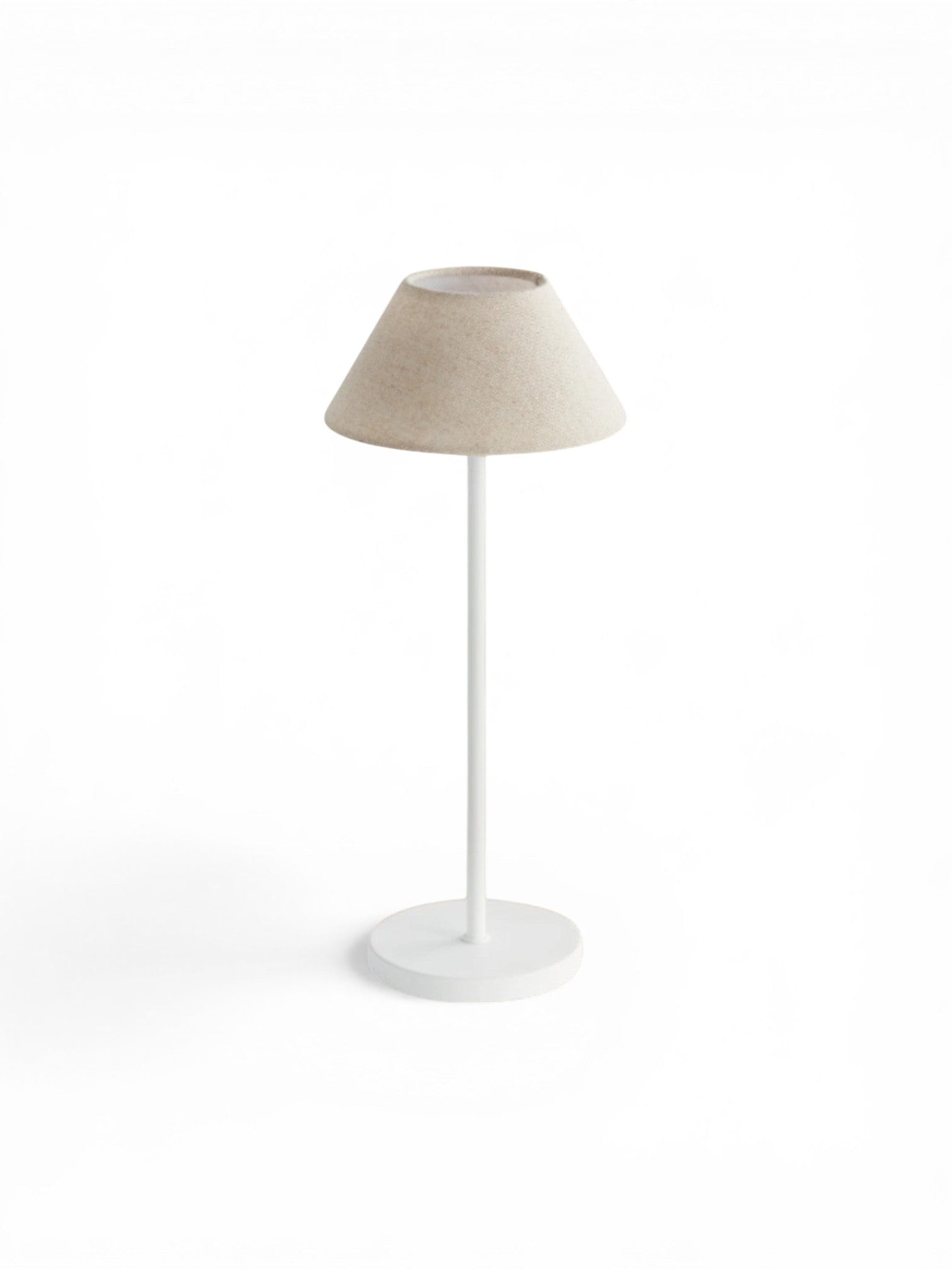 Homestyle Collective Alluna 14" cordless LED lamp with ecru linen empire shade and white base. Touch control with 3 brightness modes.