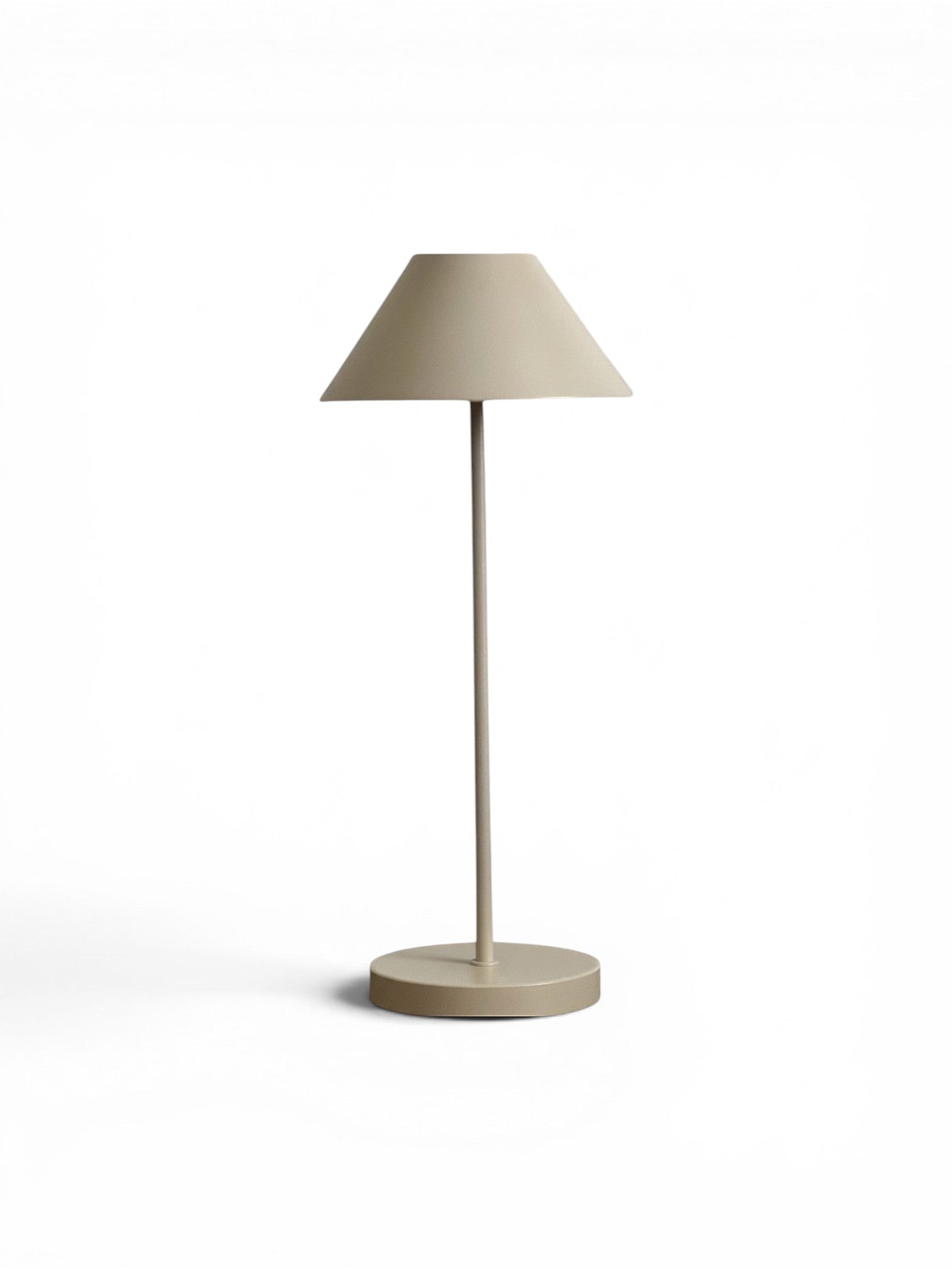 Homestyle Collective Alluna cordless LED lamp with beige linen empire shade and white base, 14" H.