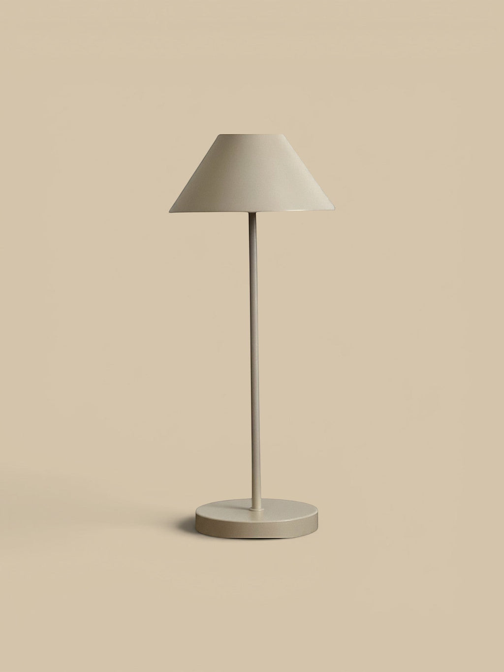 Homestyle Collective Alluna cordless LED lamp with beige linen empire shade and white base. Touch-activated with 3 brightness modes.