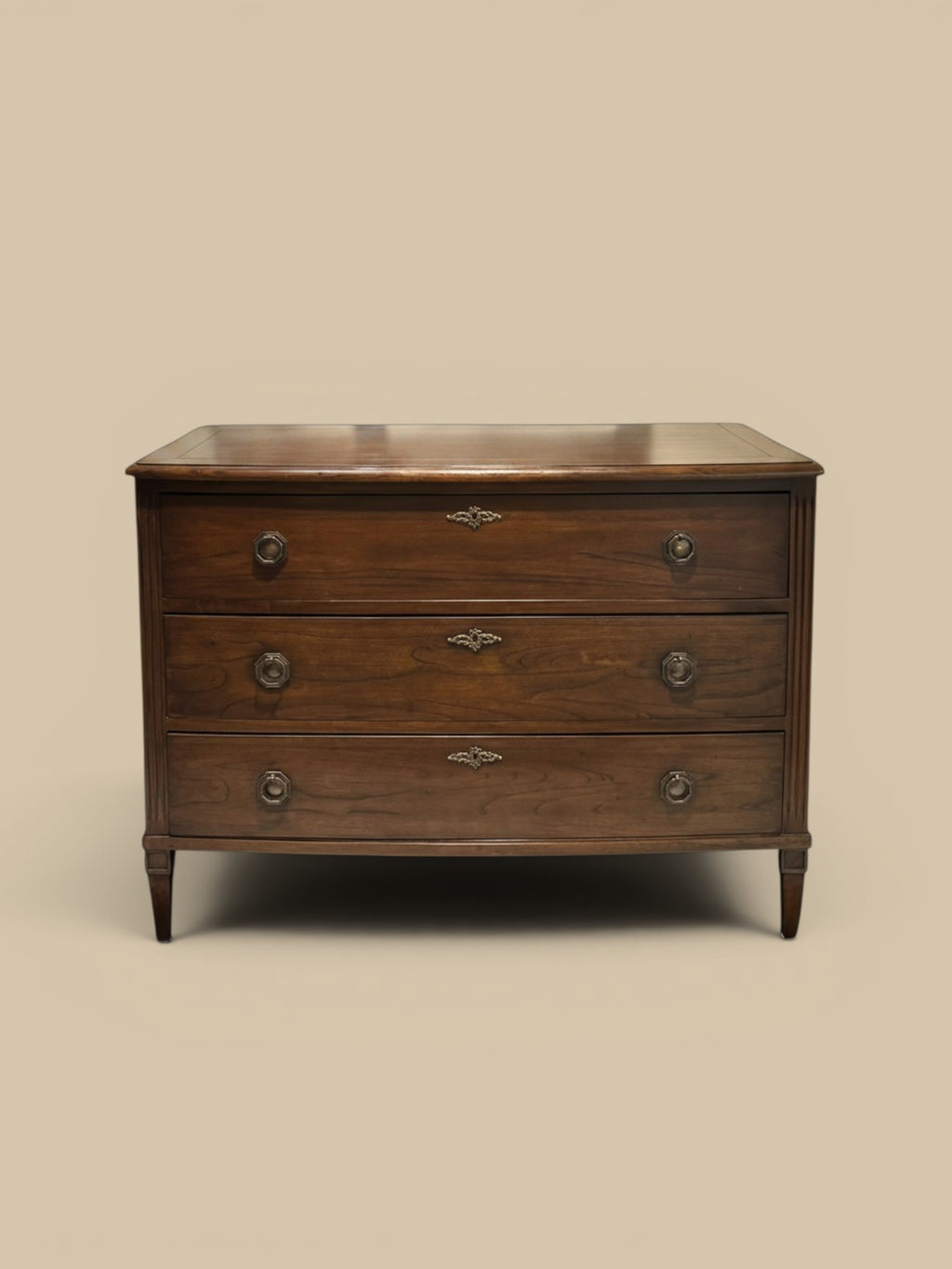 Homestyle Collective Andrews Chest: three-drawer wooden chest with tarnished brass hardware and French stain finish. Ideal for storage or display.