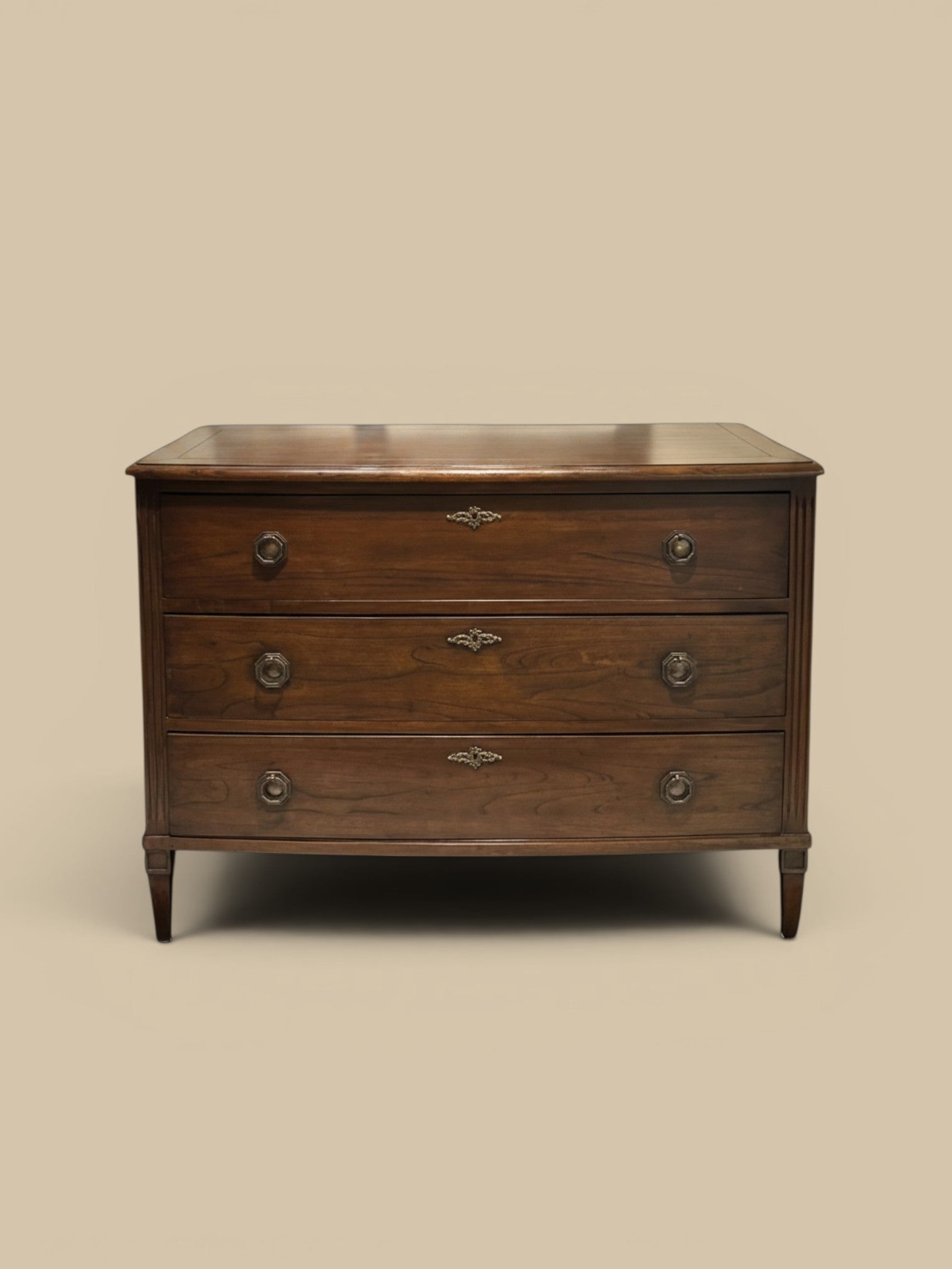 Homestyle Collective Andrews Chest: three-drawer wooden chest with tarnished brass hardware and French stain finish. Ideal for storage or display.