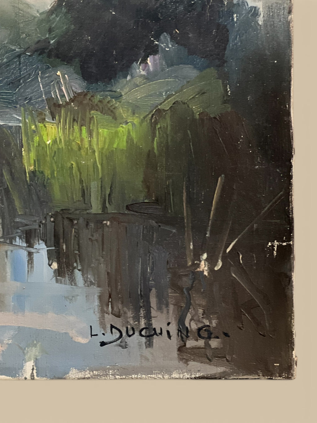 Homestyle Collective antique oil painting of a serene landscape with a river reflecting trees and sky. Impressionistic style.
