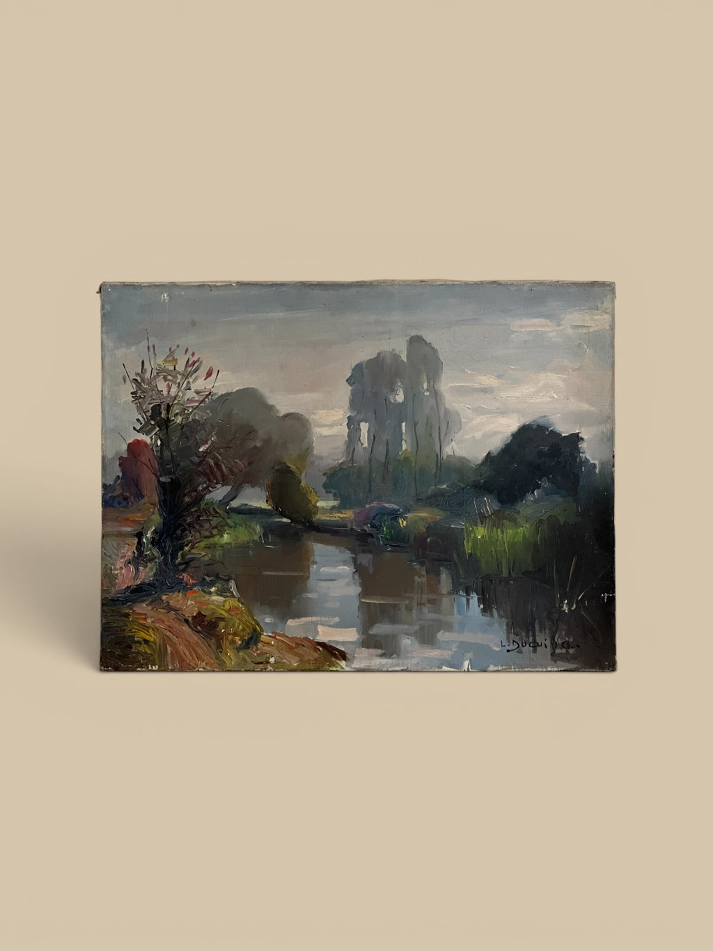 Homestyle Collective antique oil painting of a serene river landscape with trees and reflections. Moody, atmospheric.