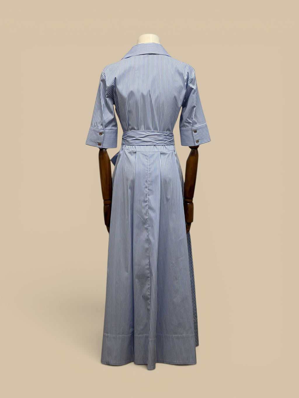 Homestyle Collective Audrey Dress, blue and white pinstripe midi shirt dress with tie waist and cuffed sleeves.