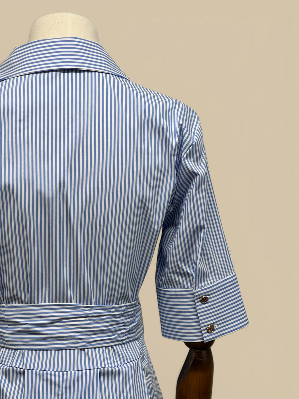 Homestyle Collective Audrey Dress, blue and white pinstripe shirt dress with tie waist and button cuffs.