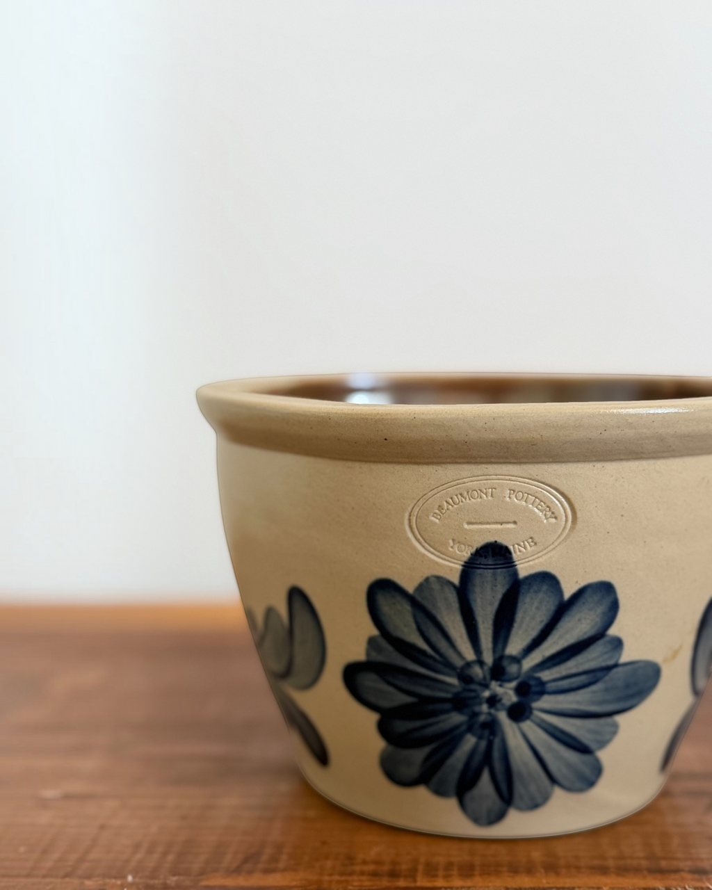 Homestyle Collective vintage Beaumont Pottery stoneware crock with hand-painted cobalt blue floral design on tan clay