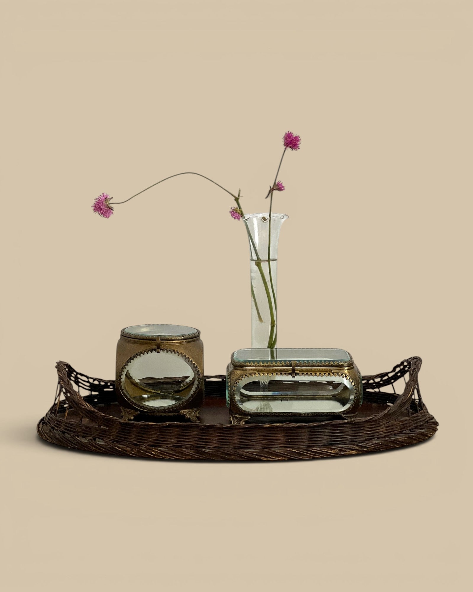 Homestyle Collective rectangular beveled glass trinket box with ornate brass trim and mirrored base.