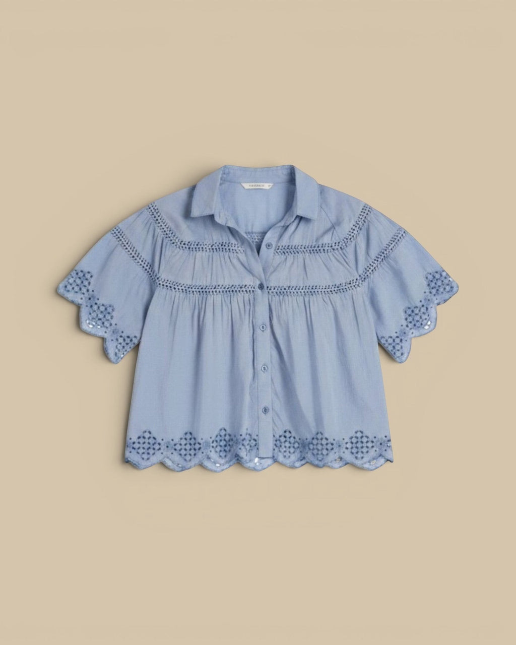 Homestyle Collective light blue cotton silk short sleeve button-up shirt with lace detailing and embroidery.