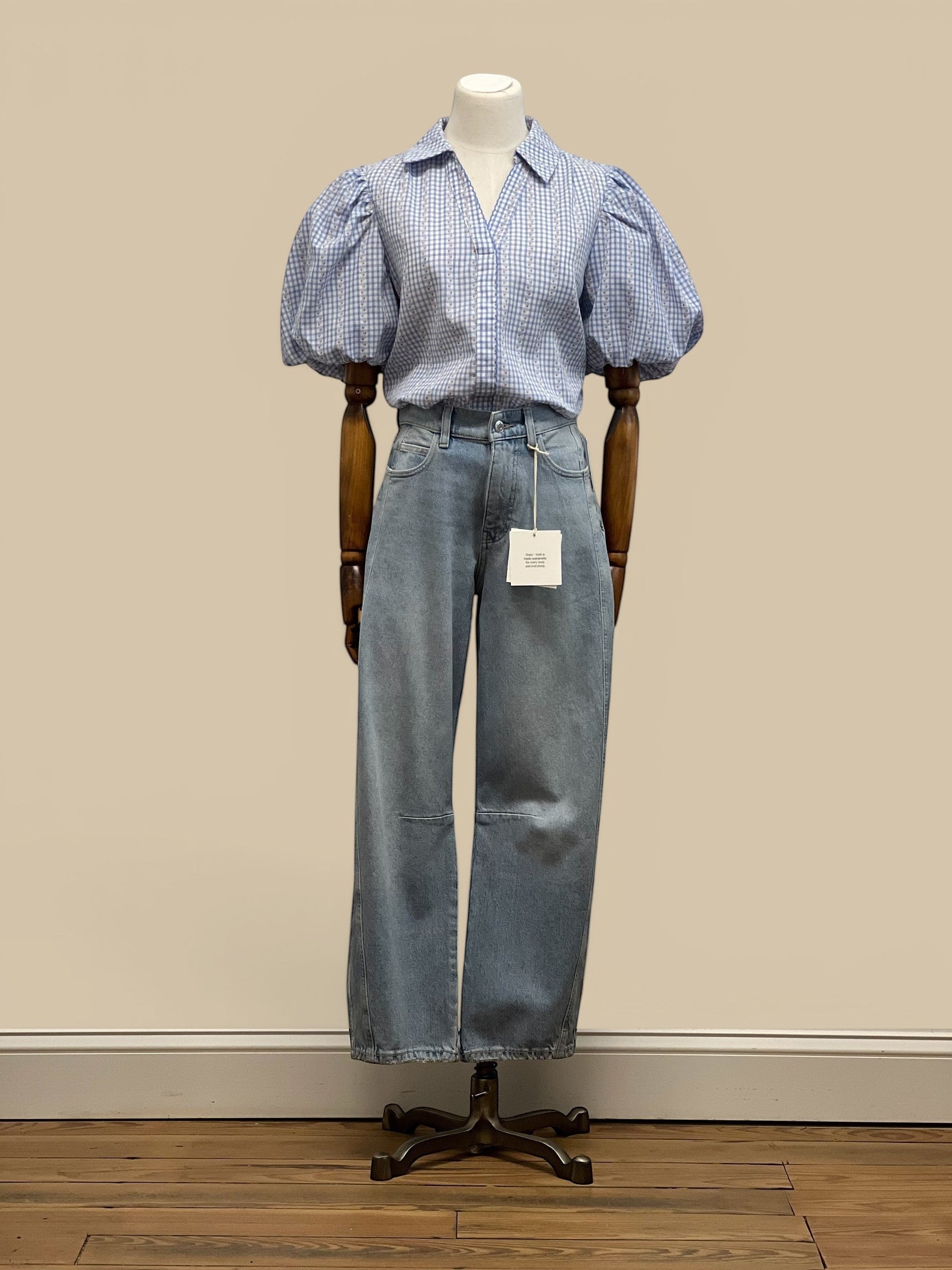 Homestyle Collective blue and white gingham puff sleeve blouse with a V-neck collar.