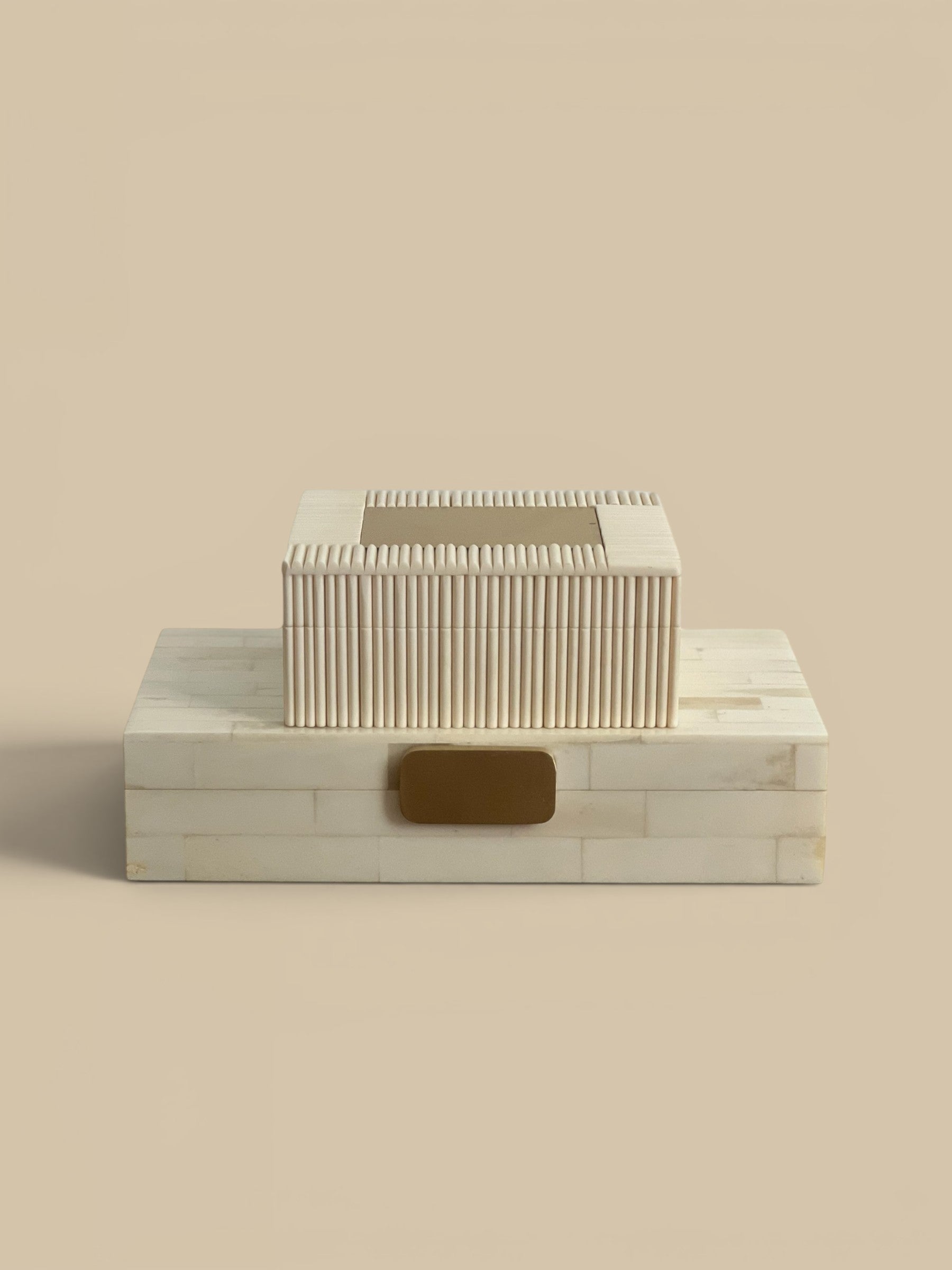 Homestyle Collective ivory bone accent box with ribbed exterior and smooth lid, plus a larger rectangular box with a brass handle.