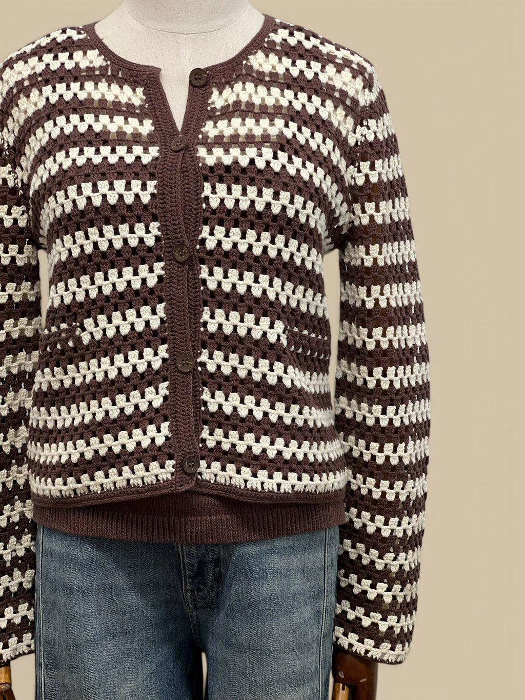 Homestyle Collective brown and ecru striped hand-knit crochet cotton cardigan with button front.