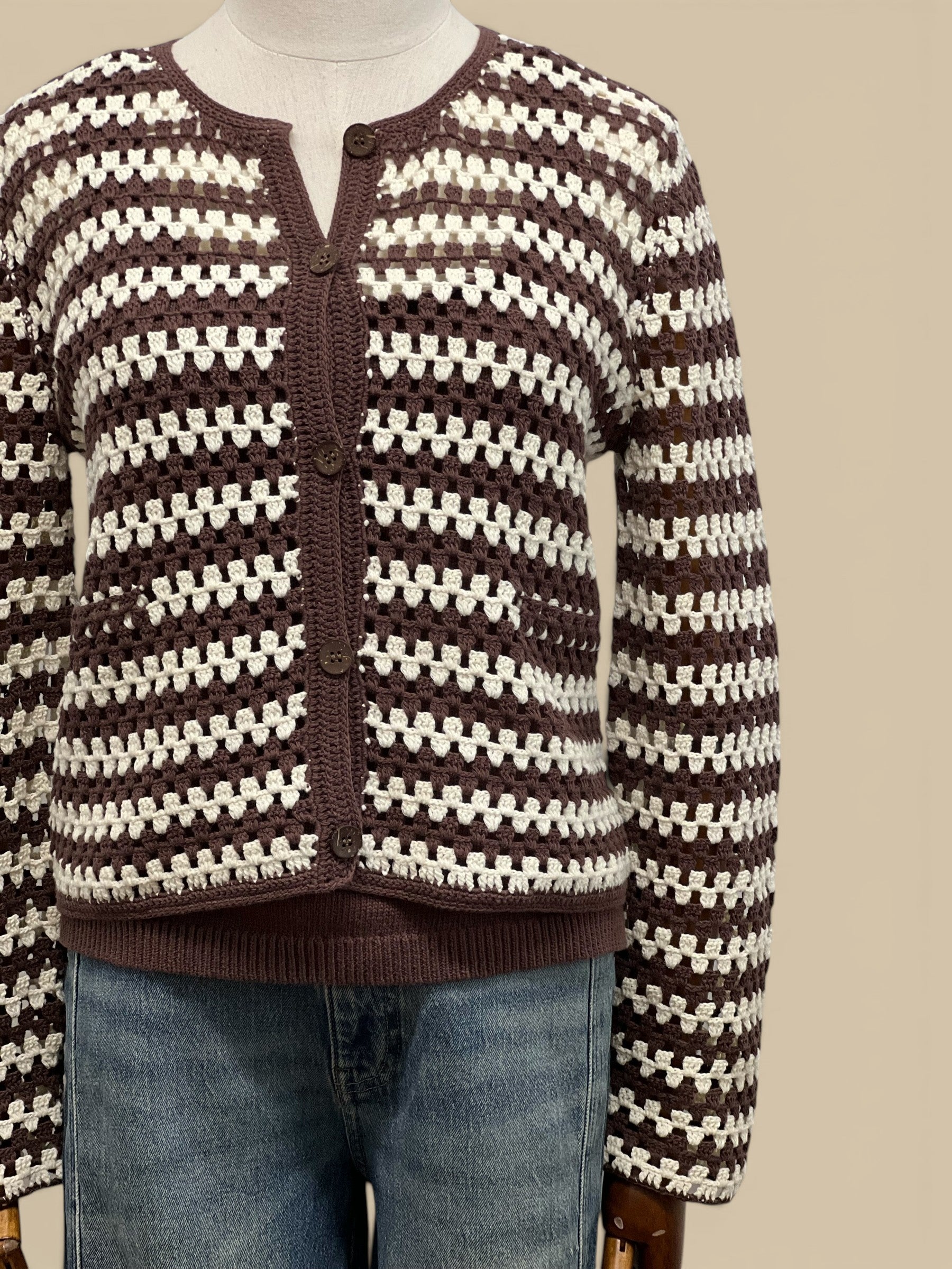 Homestyle Collective brown and ecru striped hand-knit crochet cotton cardigan with button front.