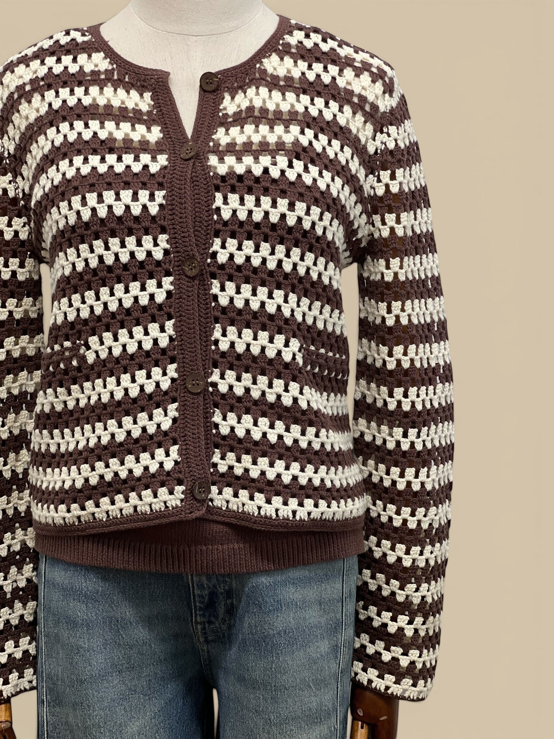 Homestyle Collective brown and ecru striped hand-knit crochet cotton cardigan with button front.