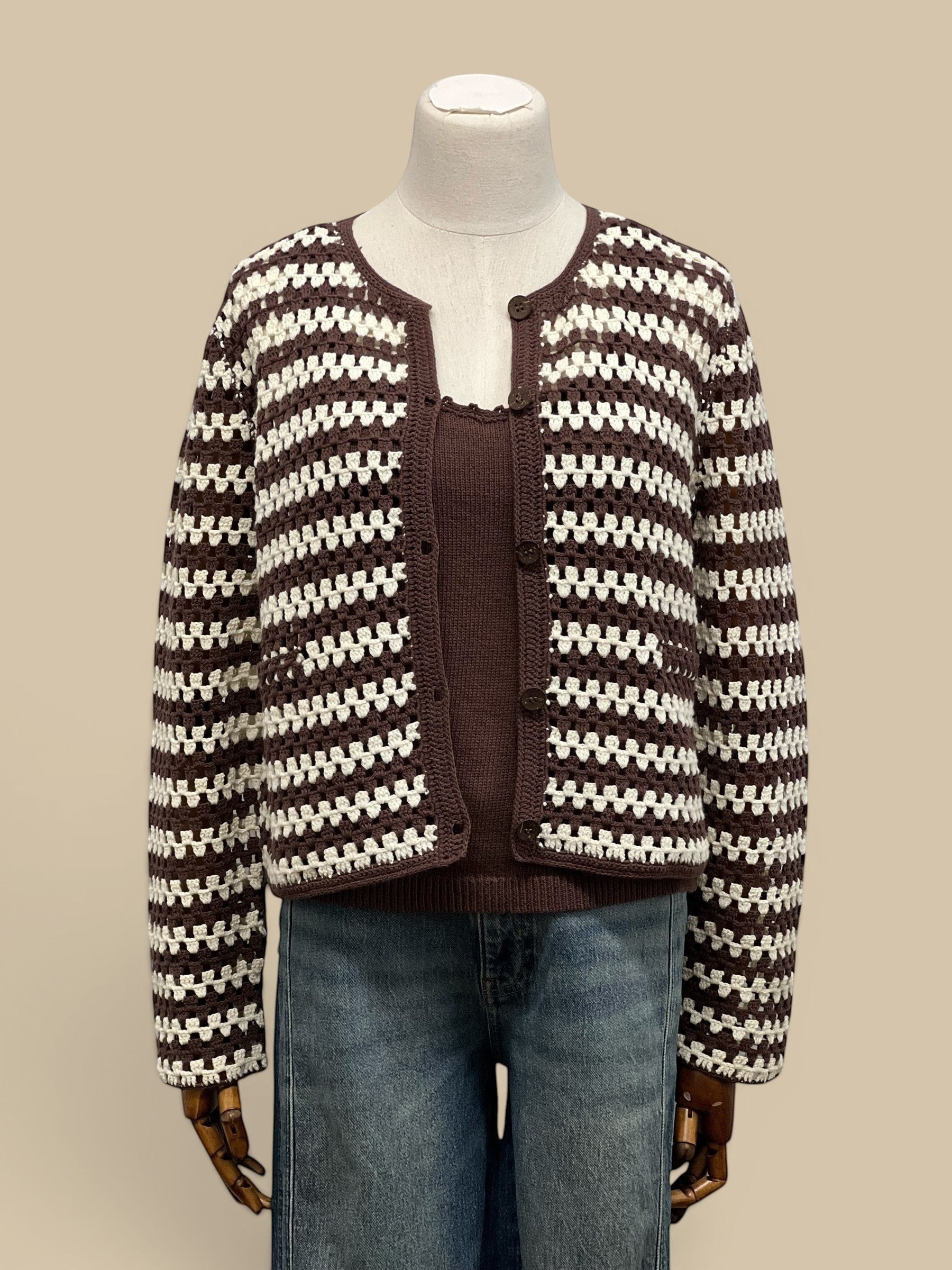 Homestyle Collective brown and ecru striped hand-knit crochet cotton cardigan with button front and round neck.